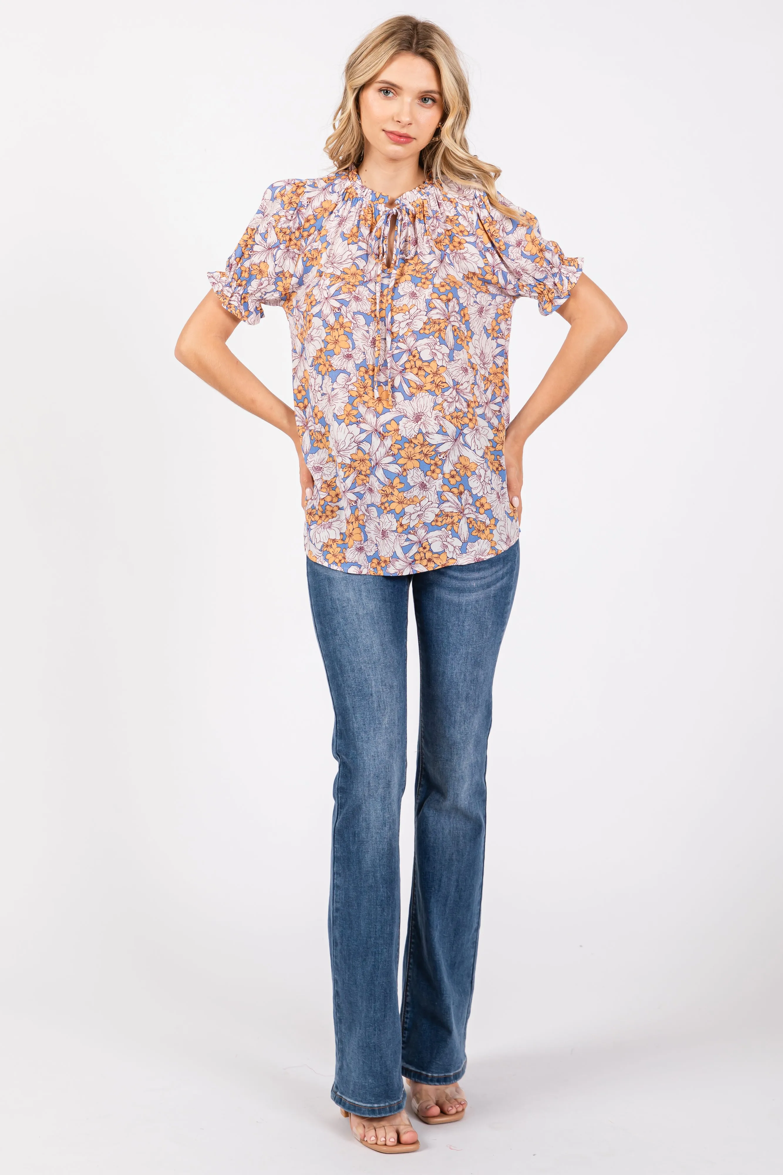 Blue Floral Ruffle Tie Blouse sold by Pinkblush product image thumbnail 4