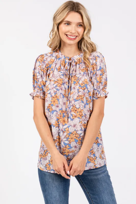 Blue Floral Ruffle Tie Blouse sold by Pinkblush