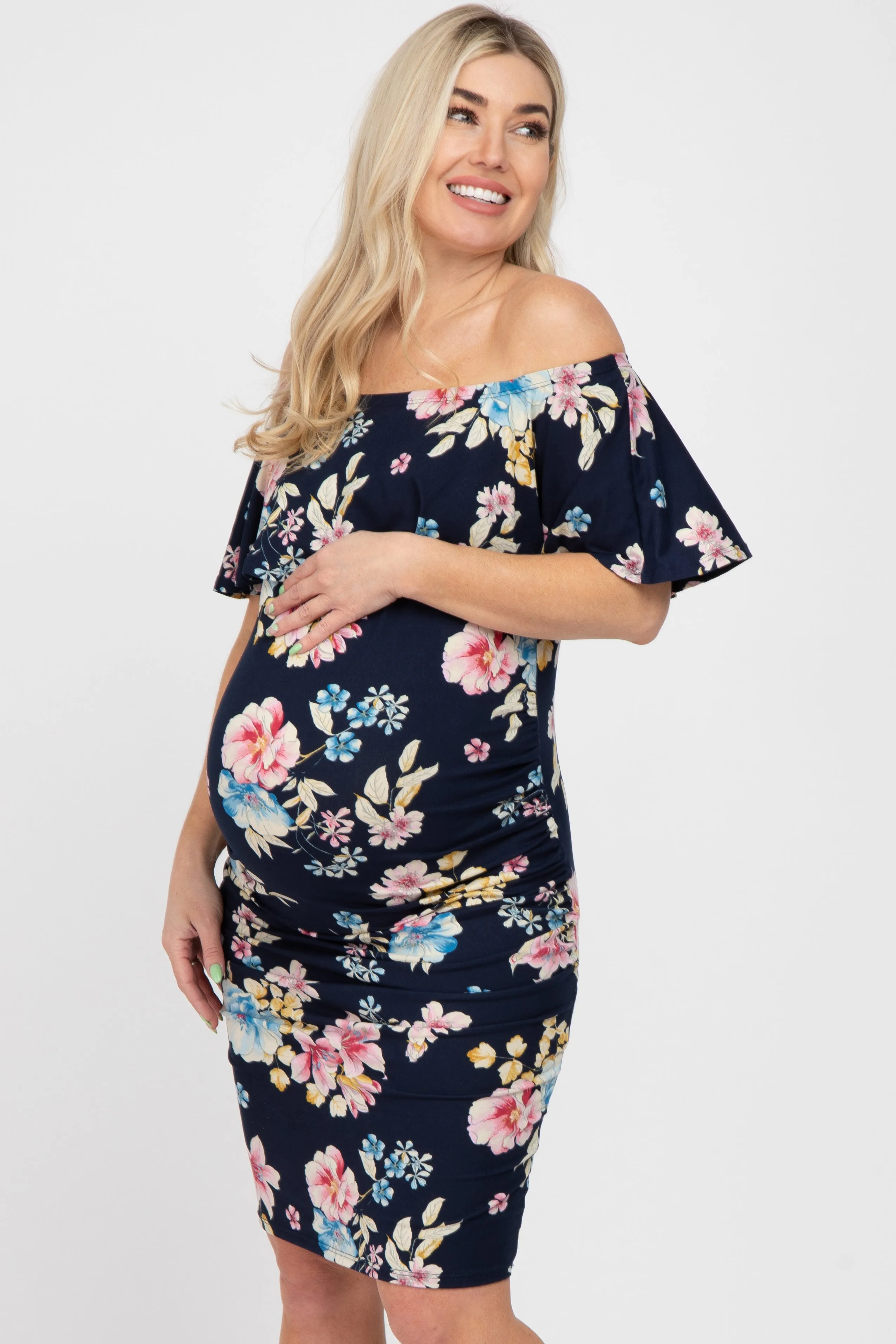 Navy Floral Off Shoulder Maternity Fitted Dress sold by Pinkblush