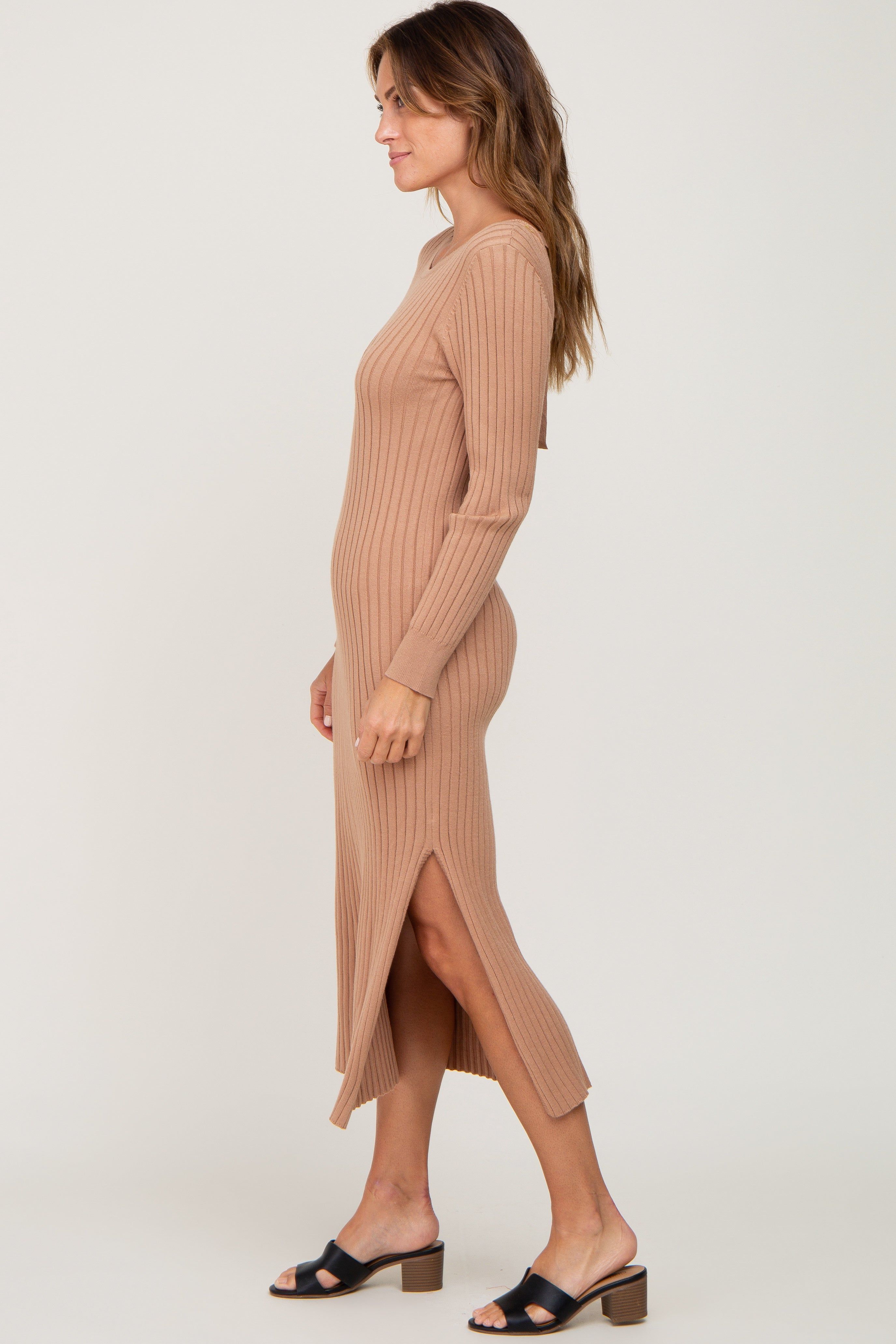 Camel Ribbed Side Slit Midi Sweater Dress sold by Pinkblush product image thumbnail 2