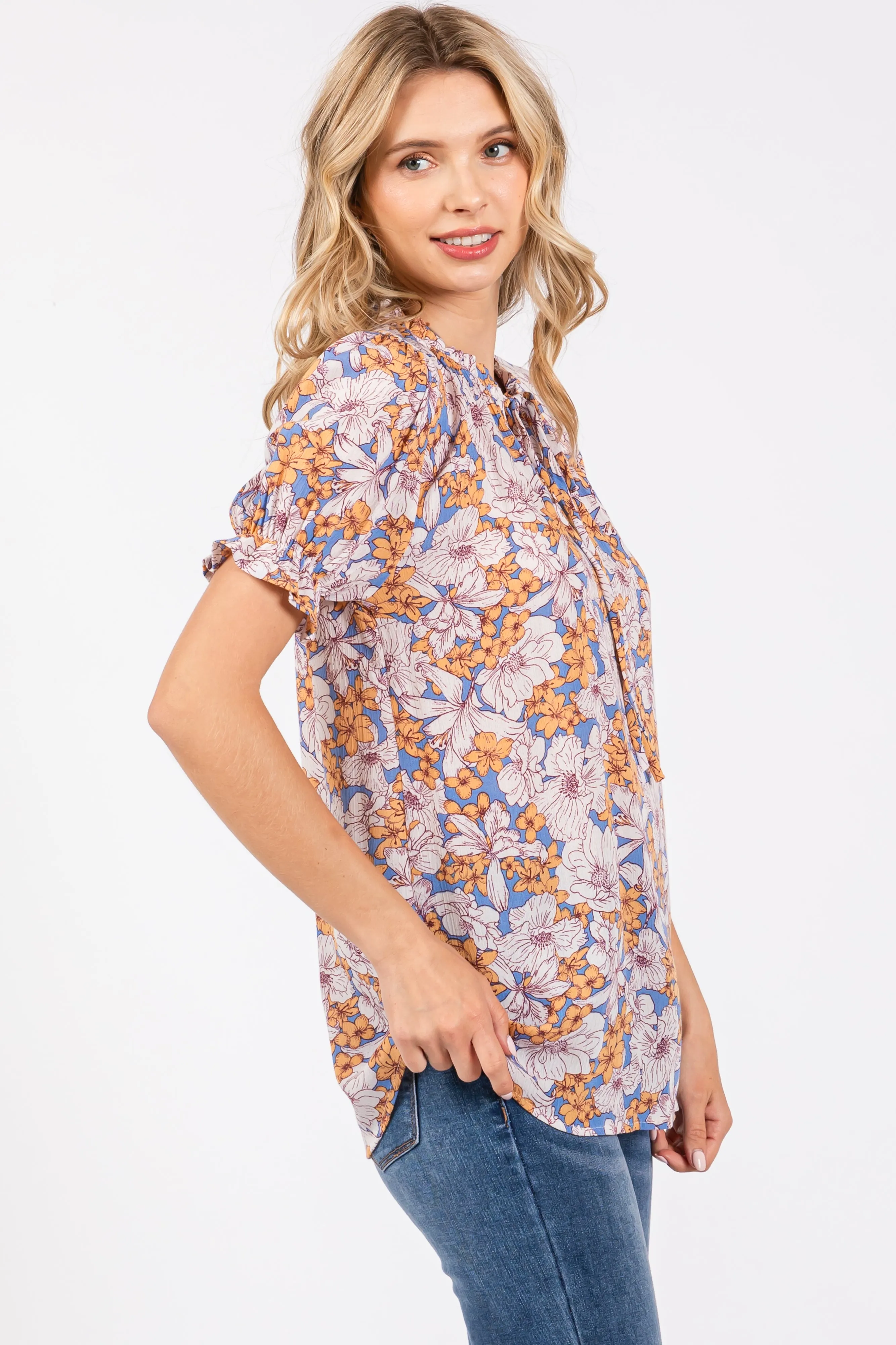 Blue Floral Ruffle Tie Blouse sold by Pinkblush product image thumbnail 2
