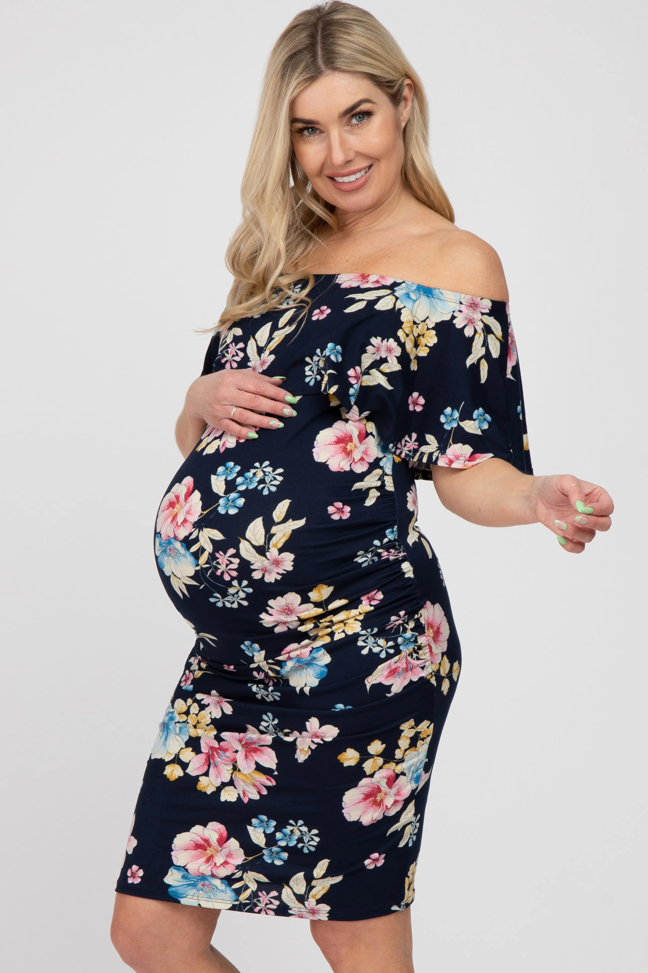 Navy Floral Off Shoulder Maternity Fitted Dress sold by Pinkblush product image thumbnail 2