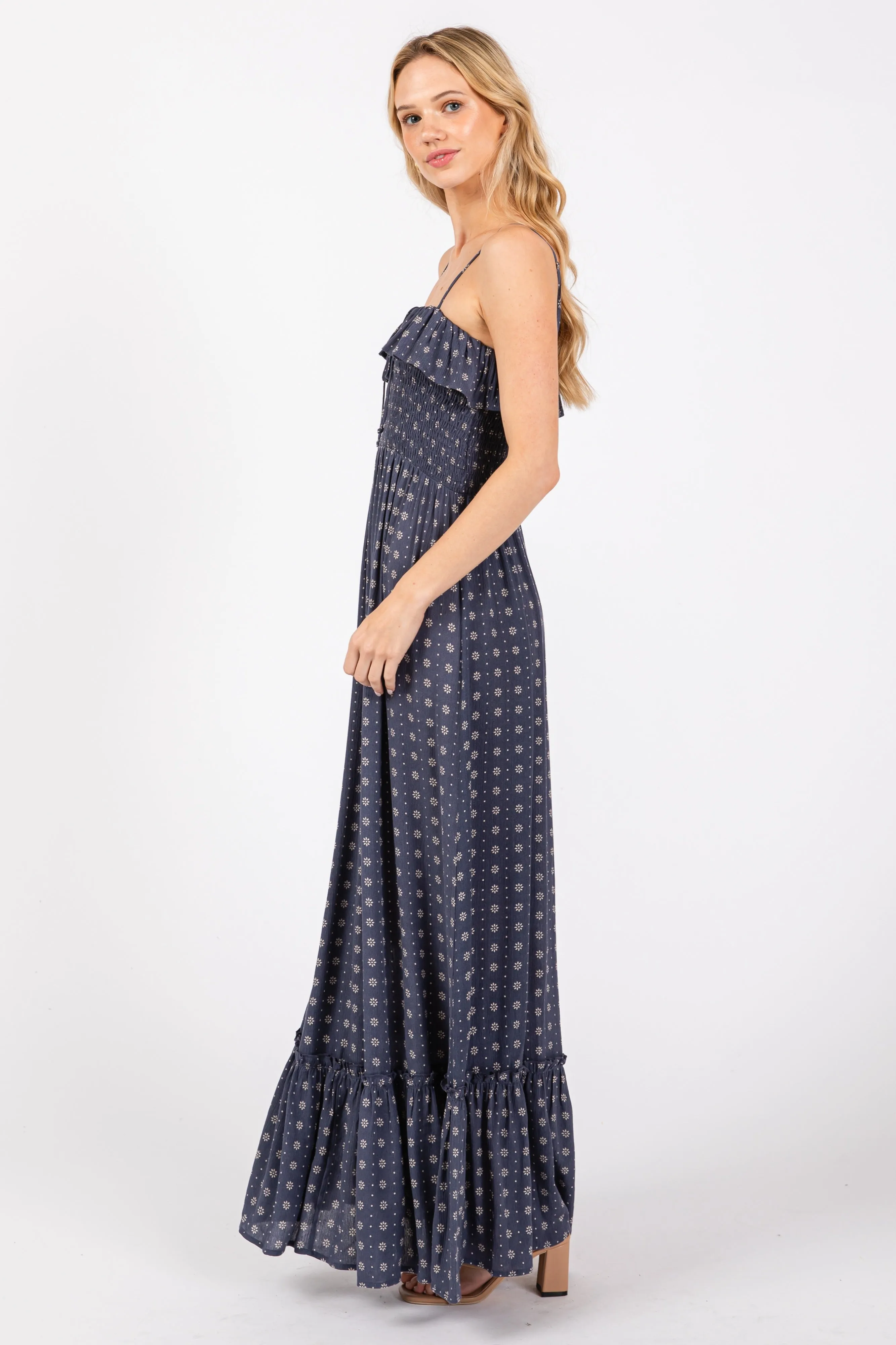 Navy Smocked Sleeveless Floral Maxi Dress sold by Pinkblush product image thumbnail 3