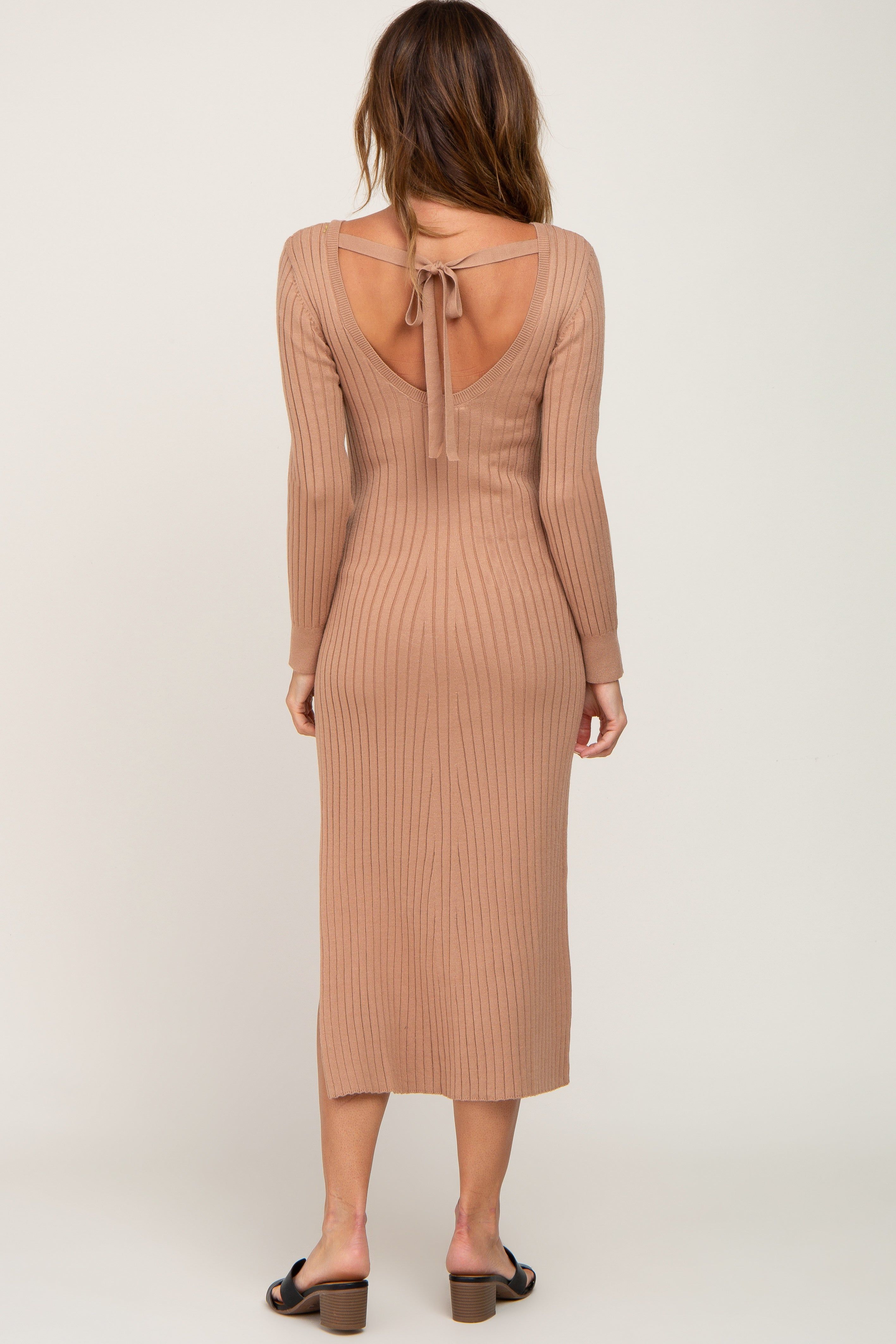 Camel Ribbed Side Slit Midi Sweater Dress sold by Pinkblush product image thumbnail 3