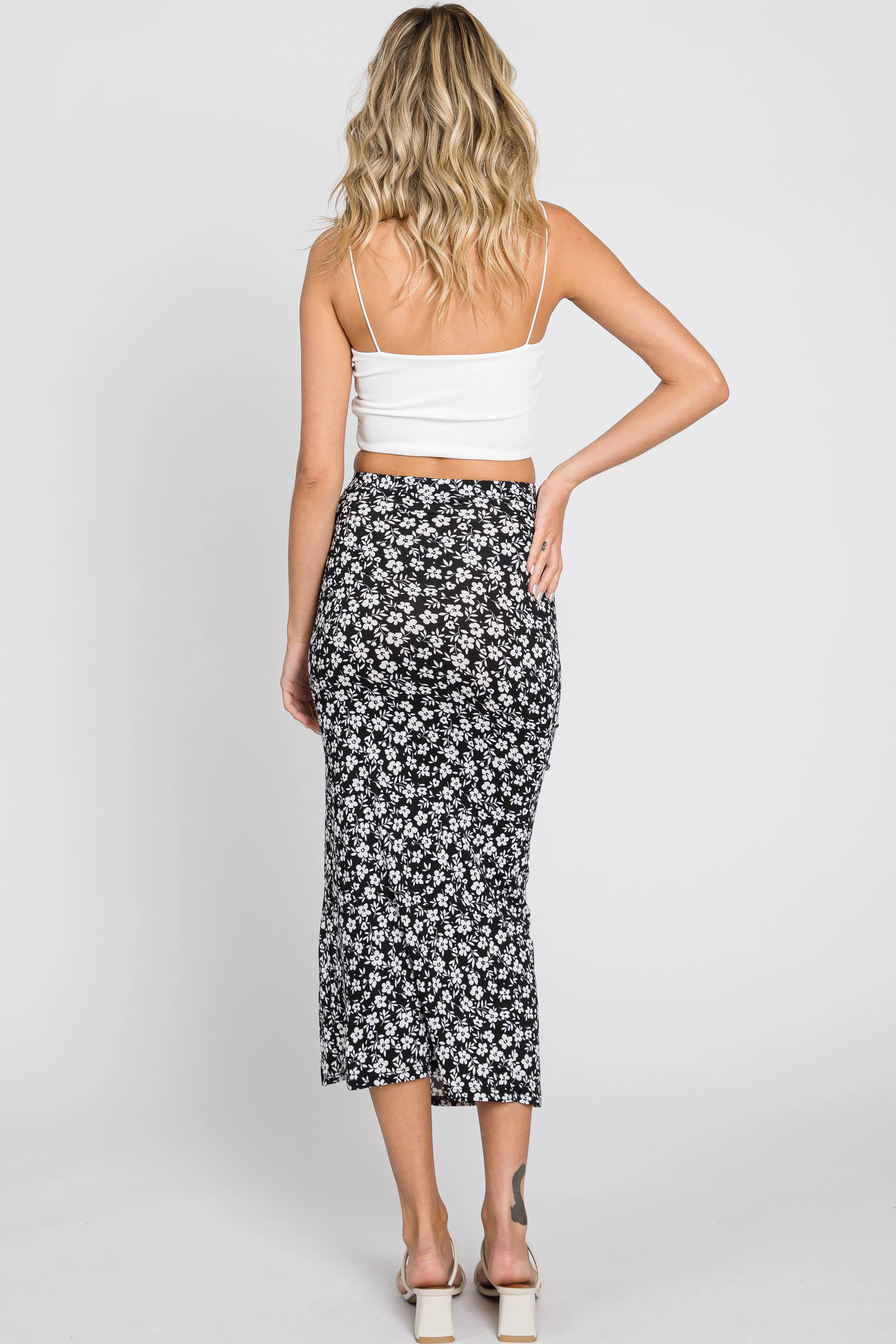 Black Floral Ruched Side Slit Midi Skirt sold by Pinkblush product image thumbnail 3