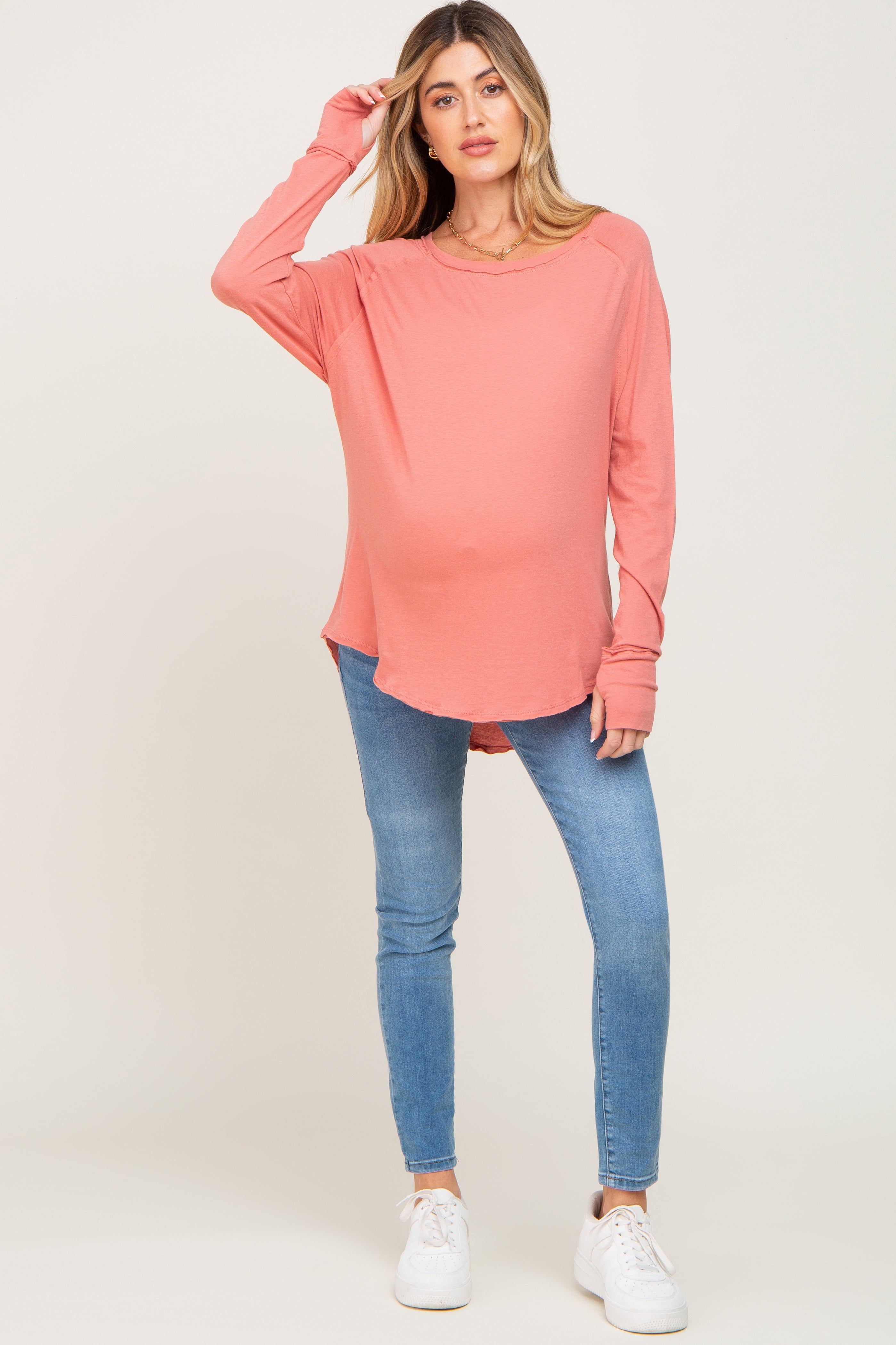 Salmon Distressed Seam Maternity Long Sleeve Top sold by Pinkblush