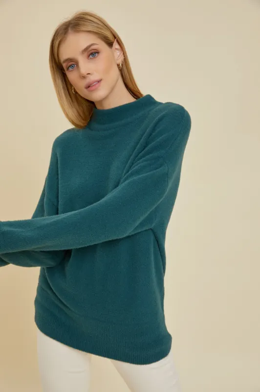 Teal Fuzzy Knit Mock Neck Sweater sold by Pinkblush
