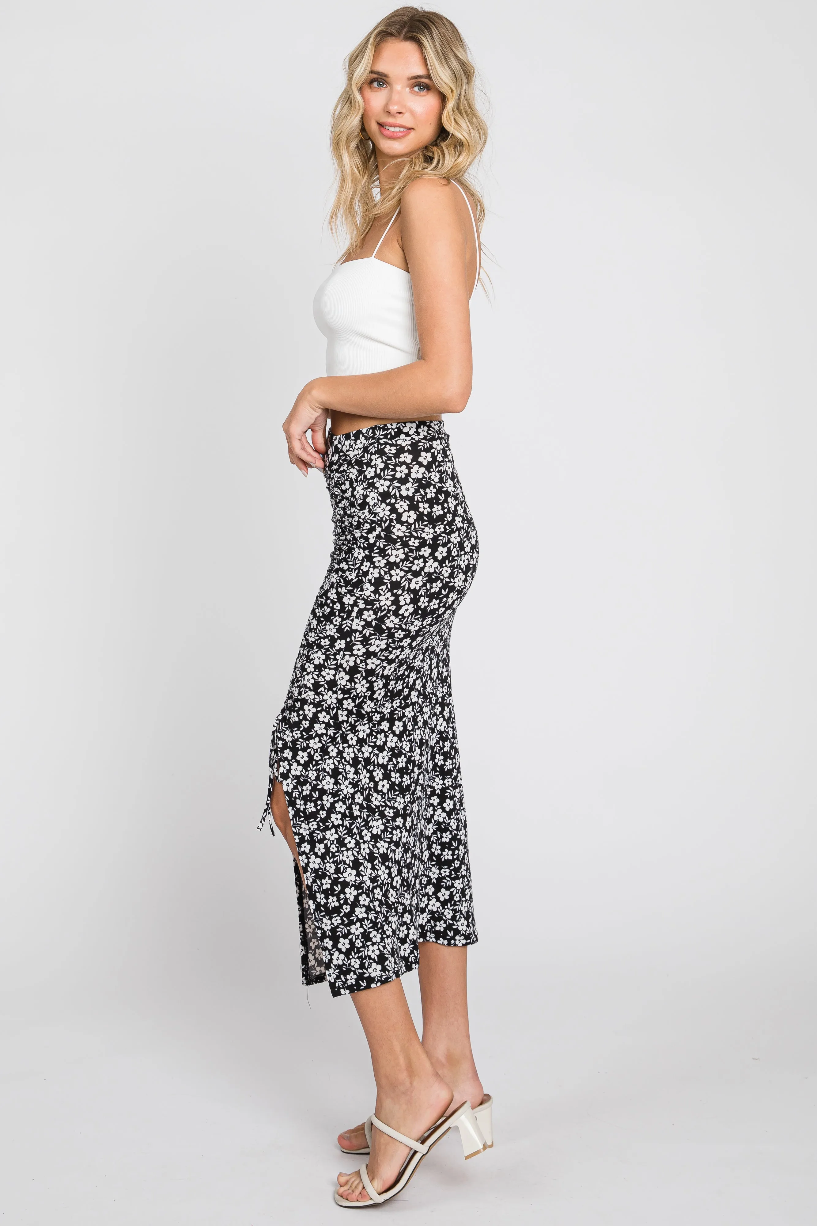 Black Floral Ruched Side Slit Midi Skirt sold by Pinkblush product image thumbnail 2
