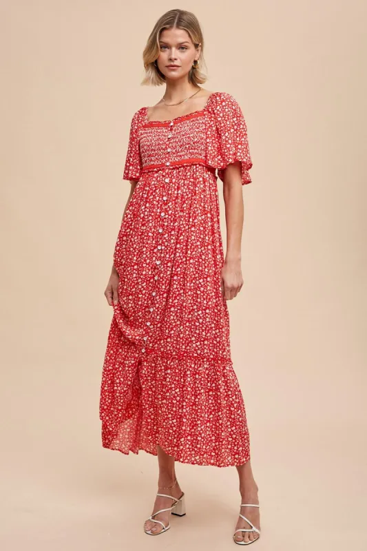 Red Floral Button Front Midi Dress sold by Pinkblush