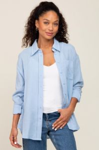 Blue Button Up Collared Maternity Top sold by Pinkblush
