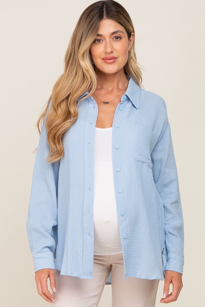 Blue Button Up Collared Maternity Top sold by Pinkblush