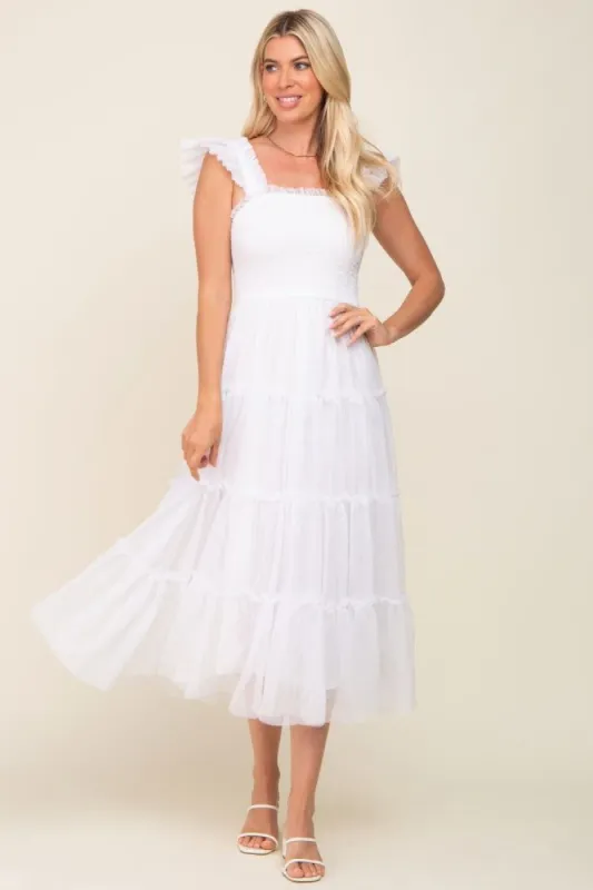Ivory Smocked Mesh Ruffle Accent Midi Dress sold by Pinkblush