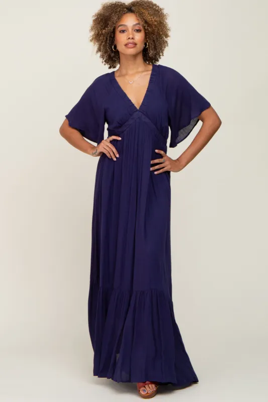 Navy V-Neck Flounce Sleeve Maxi Dress sold by Pinkblush