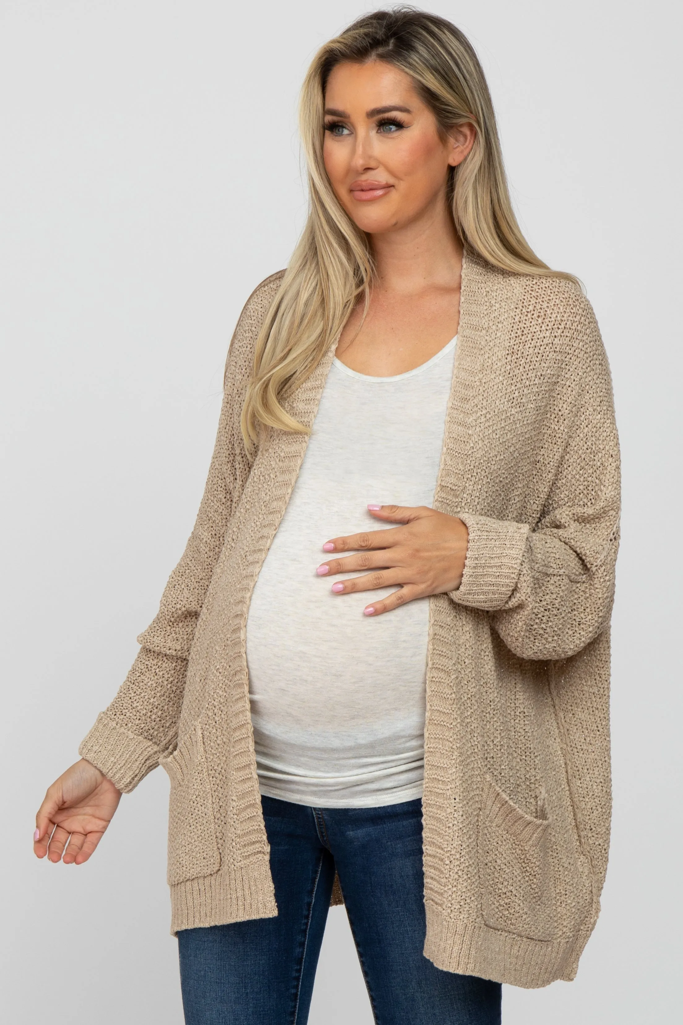 Beige Cuff Sleeve Maternity Cardigan sold by Pinkblush