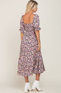 Black Floral Puff Sleeve Midi Dress sold by Pinkblush