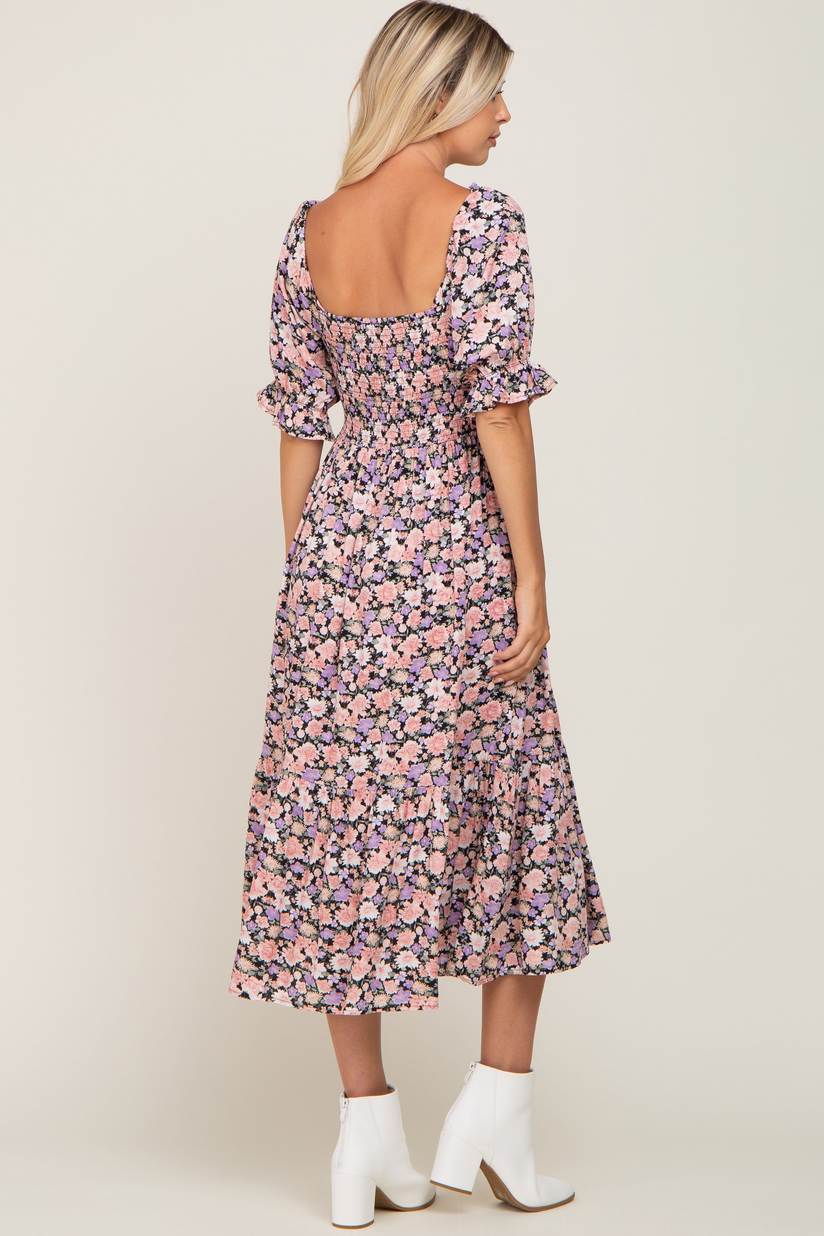 Black Floral Puff Sleeve Midi Dress sold by Pinkblush product image thumbnail 3