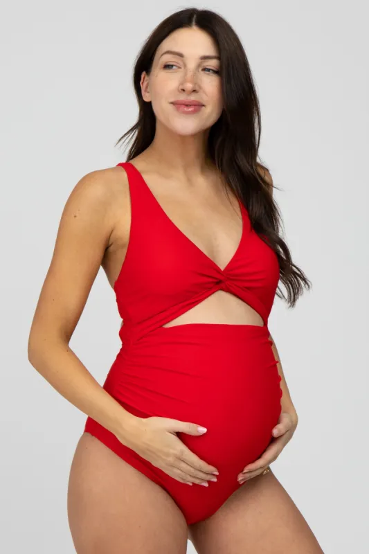 Red Ruched Sides Front Cutout Maternity One Piece Swimsuit sold by Pinkblush