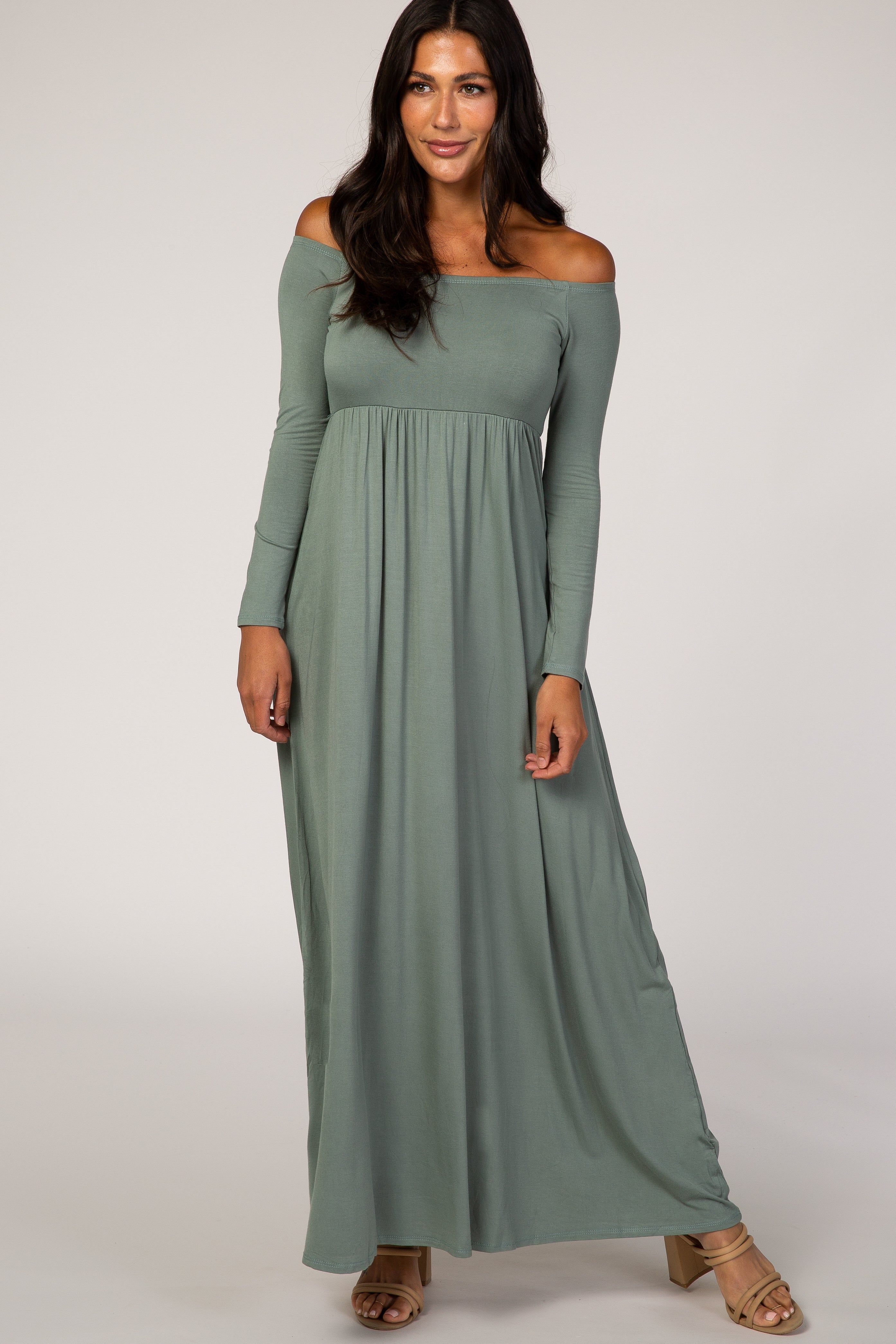 Sage Off Shoulder Long Sleeve Maxi Dress sold by Pinkblush