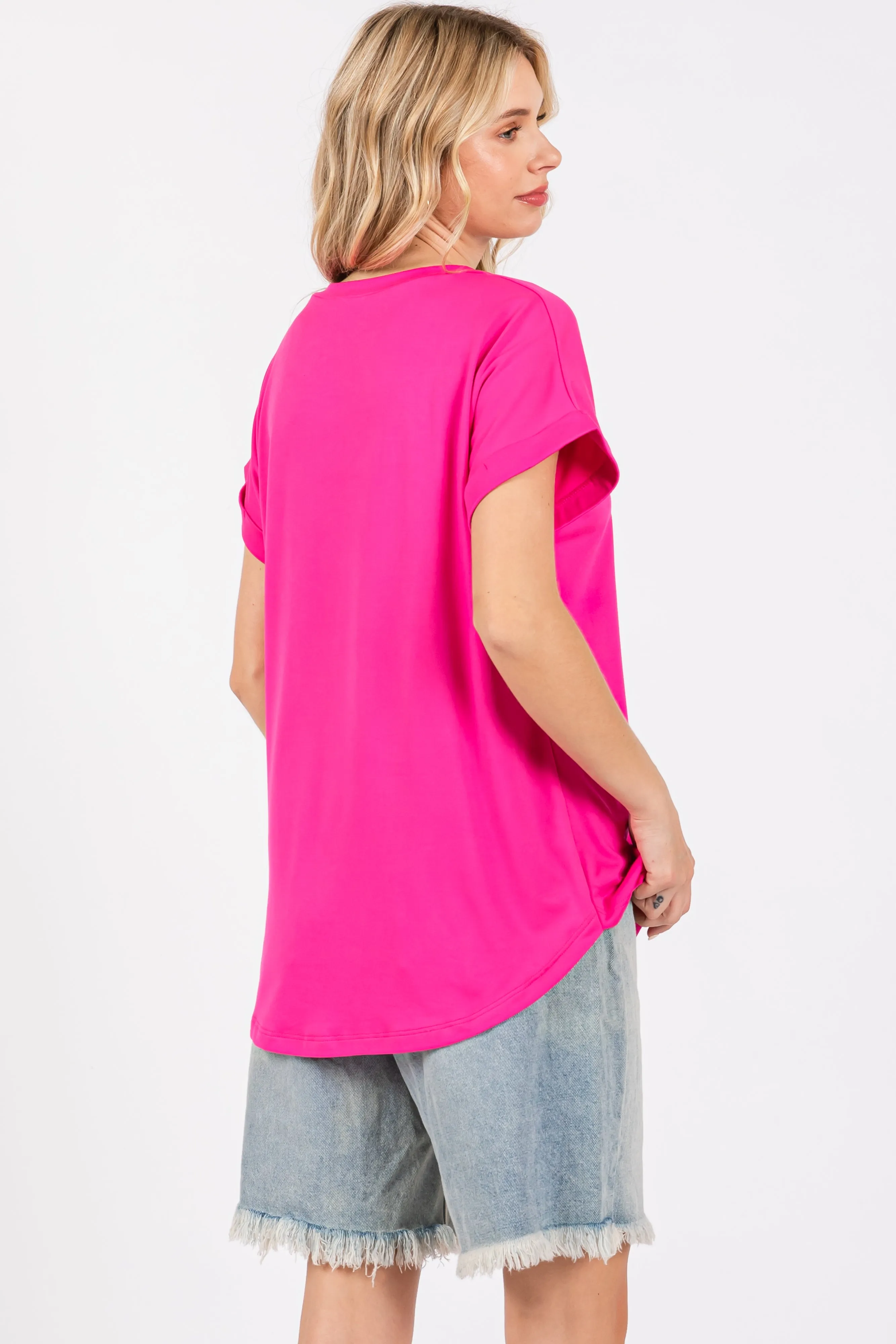 Fuchsia V-Neck Pocket Short Sleeve Shirt sold by Pinkblush product image thumbnail 2