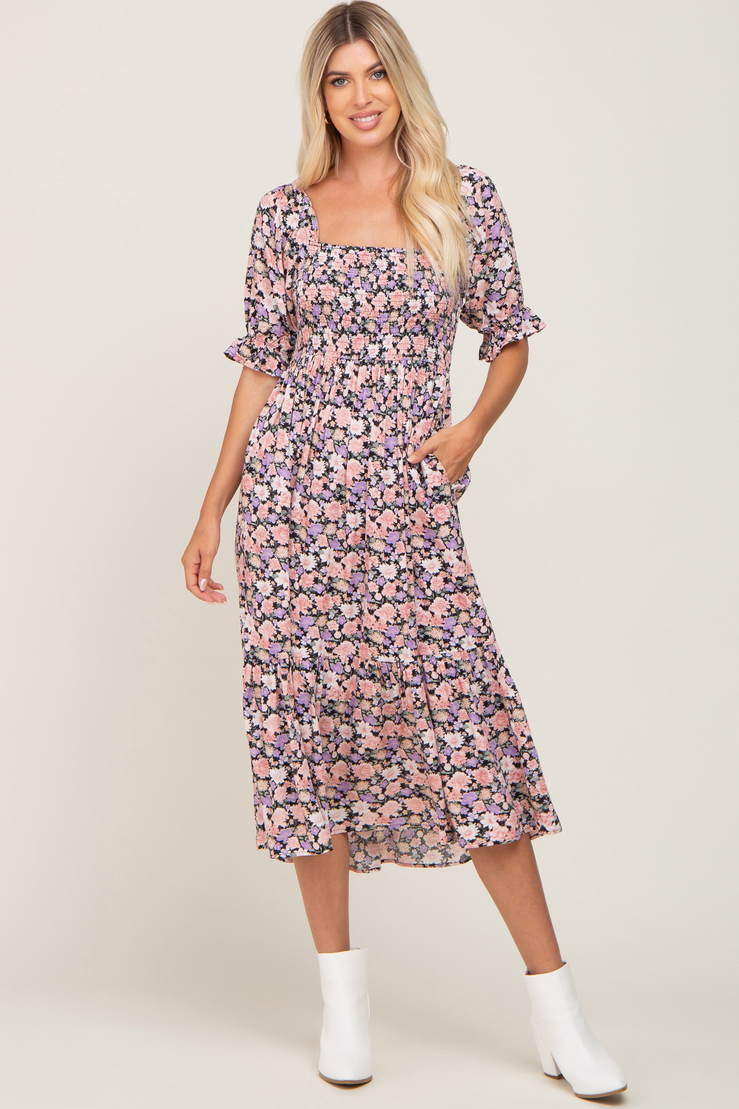 Black Floral Puff Sleeve Midi Dress sold by Pinkblush