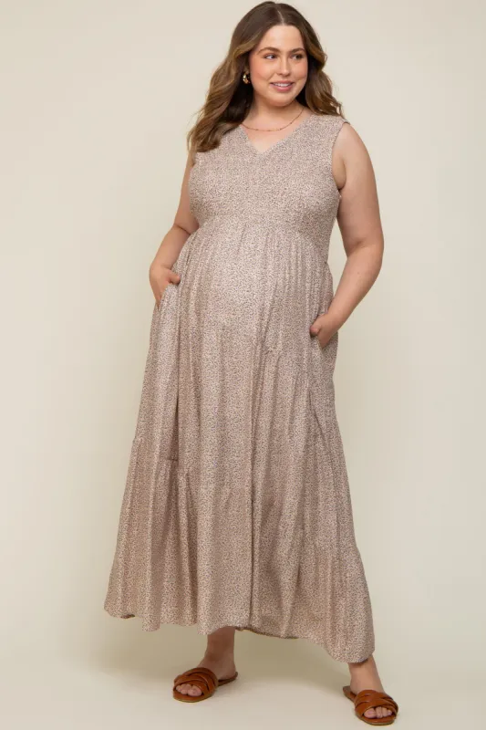 Cream Floral Smocked Sleeveless Back Tie Maternity Plus Maxi Dress sold by Pinkblush