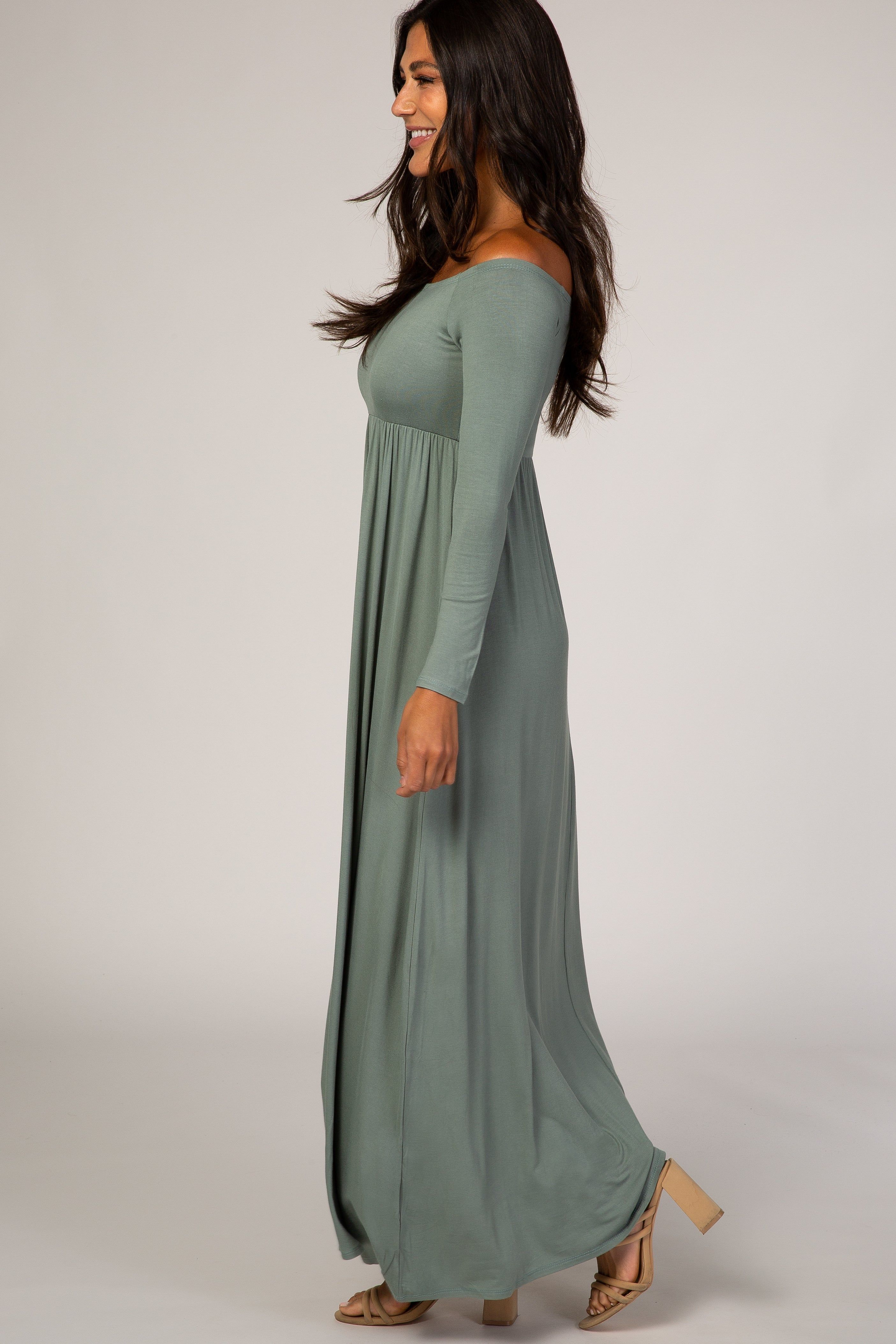 Sage Off Shoulder Long Sleeve Maxi Dress sold by Pinkblush product image thumbnail 2