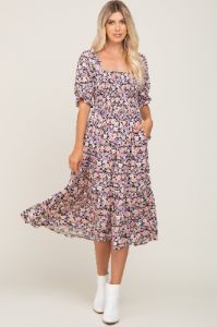 Black Floral Puff Sleeve Midi Dress sold by Pinkblush
