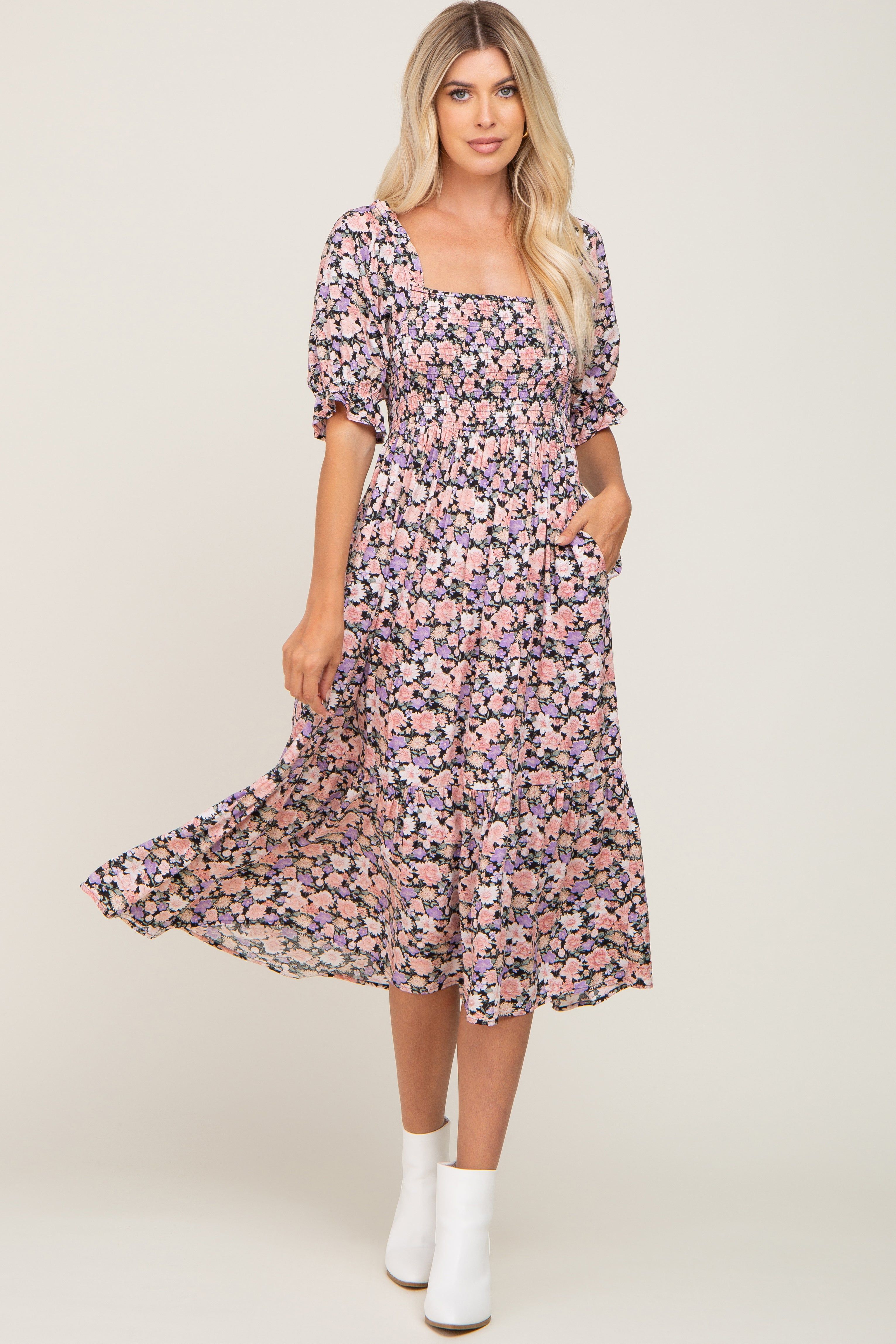 Black Floral Puff Sleeve Midi Dress sold by Pinkblush product image thumbnail 5