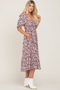 Black Floral Puff Sleeve Midi Dress sold by Pinkblush