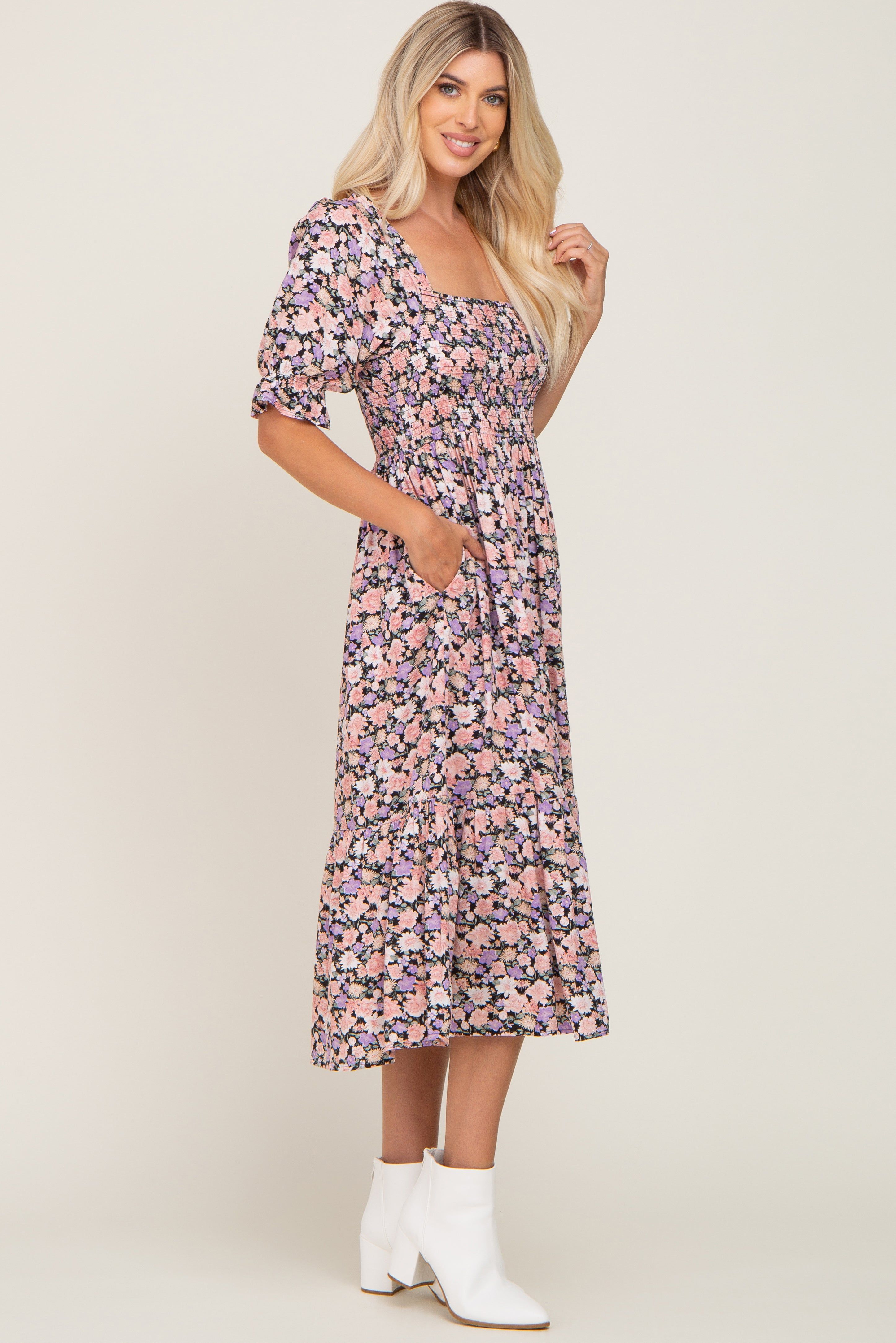 Black Floral Puff Sleeve Midi Dress sold by Pinkblush product image thumbnail 2