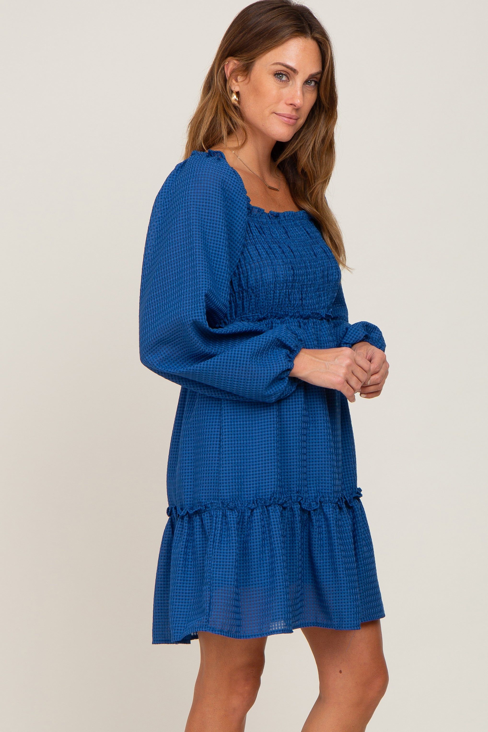 Royal Blue Textured Shirred Long Sleeve Dress sold by Pinkblush product image thumbnail 2