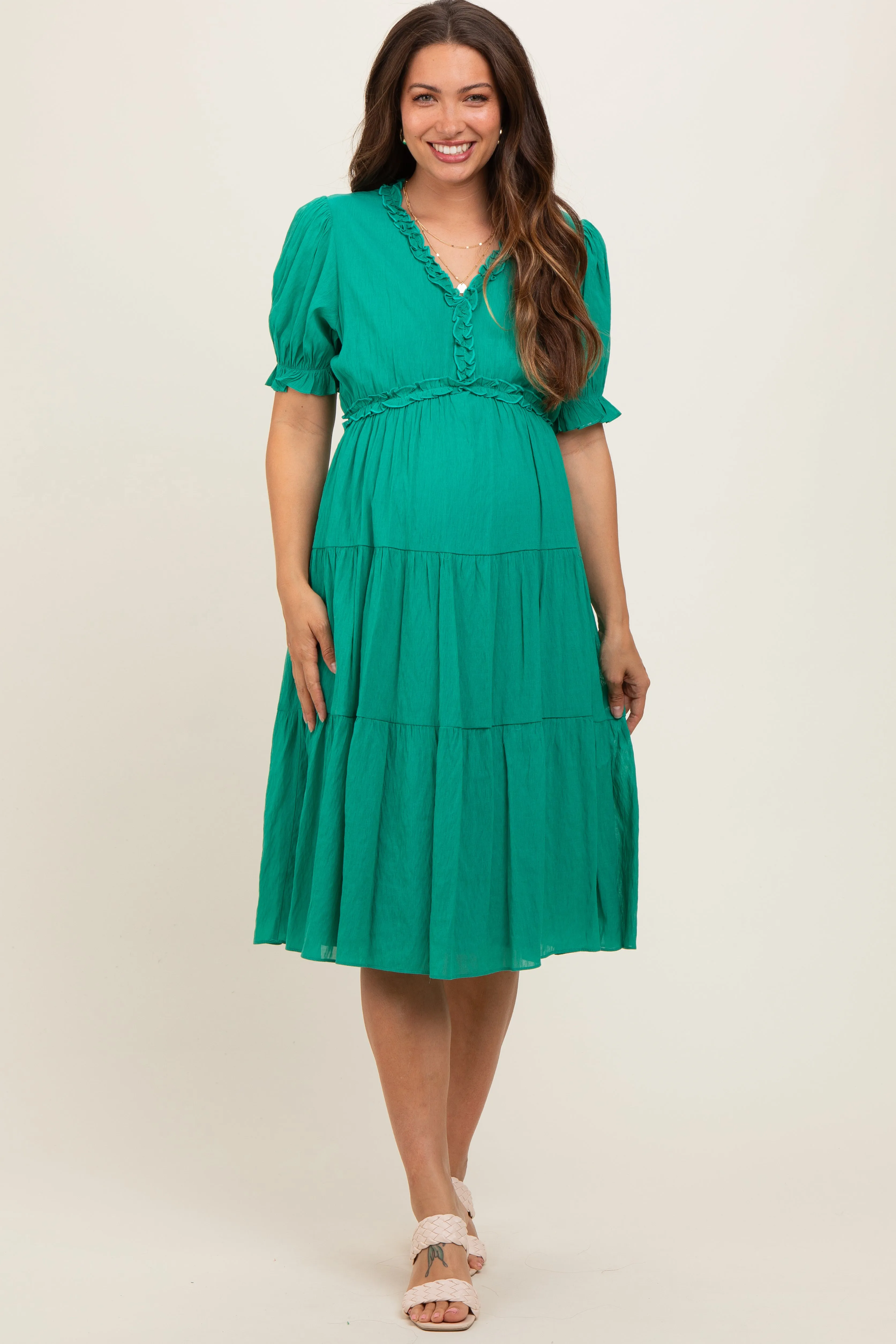 Emerald Green Ruffle Trim Tiered Maternity Dress sold by Pinkblush