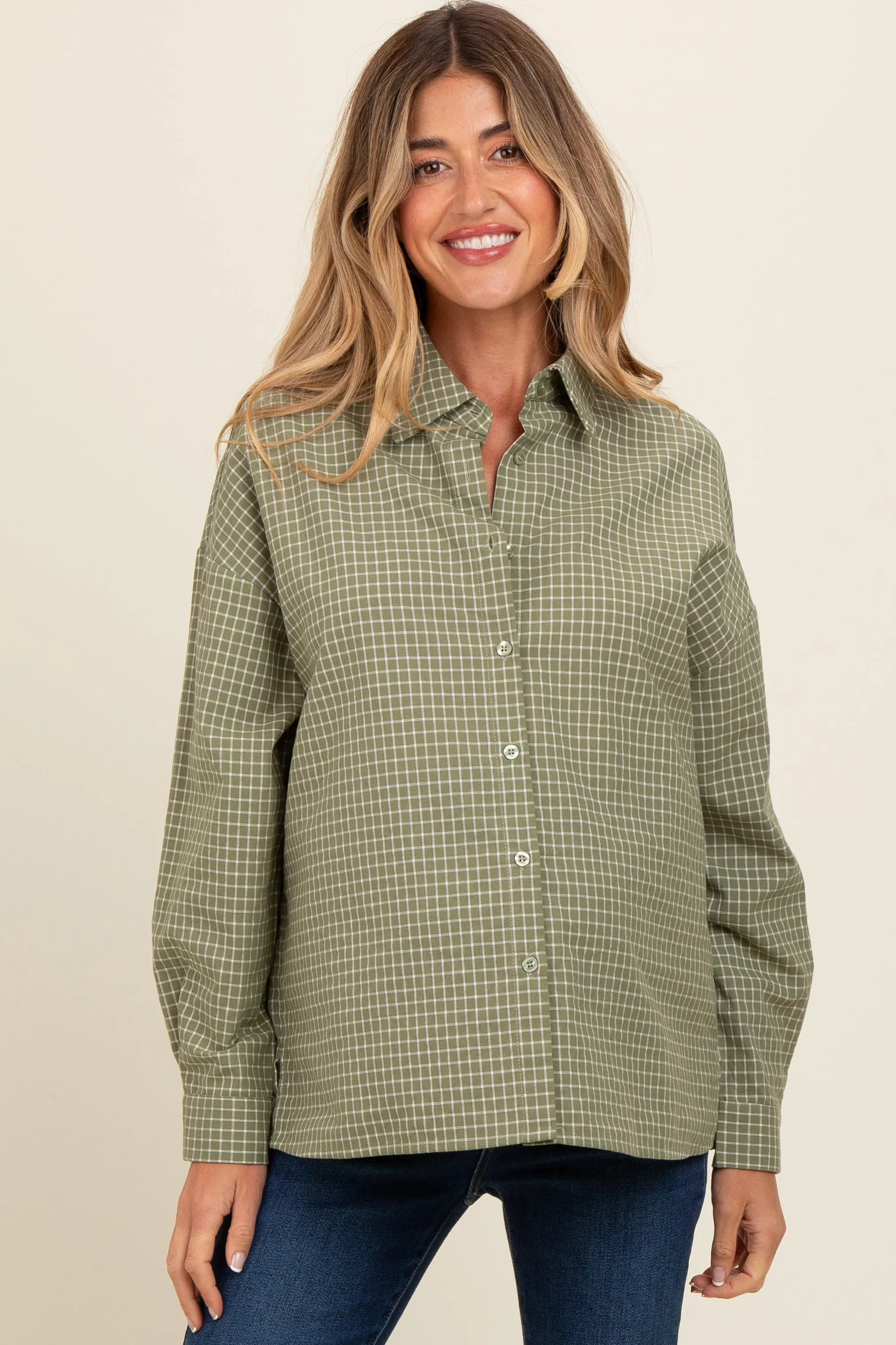 Olive Checker Plaid Button Down Maternity Shirt sold by Pinkblush