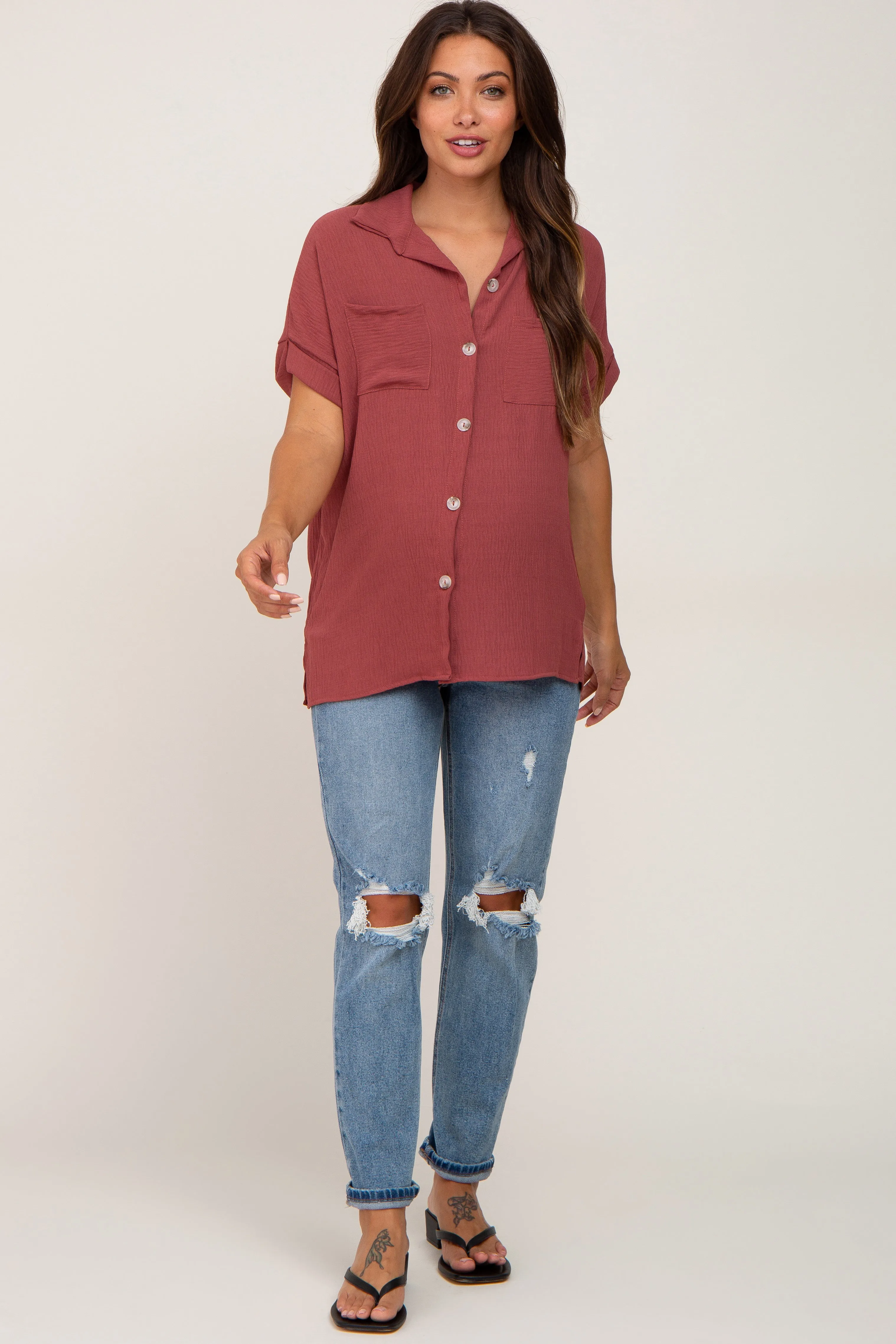 Burgundy Collared Button-Down Short Sleeve Maternity Blouse sold by Pinkblush product image thumbnail 4