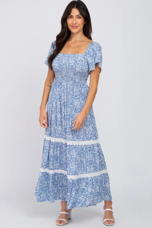 Blue Floral Square Neck Smocked Front Lace Trim Maxi Dress sold by Pinkblush