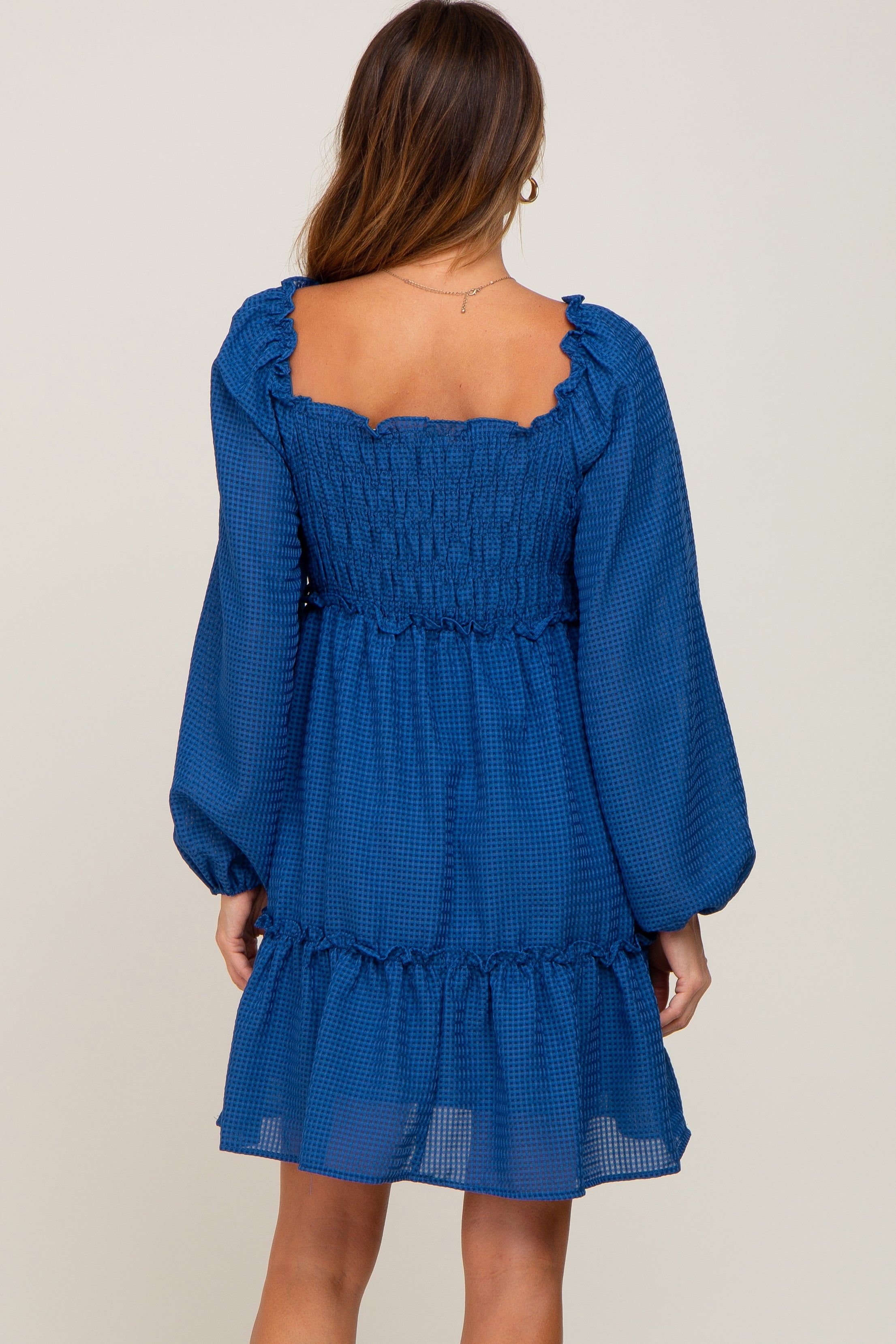 Royal Blue Textured Shirred Long Sleeve Dress sold by Pinkblush product image thumbnail 3