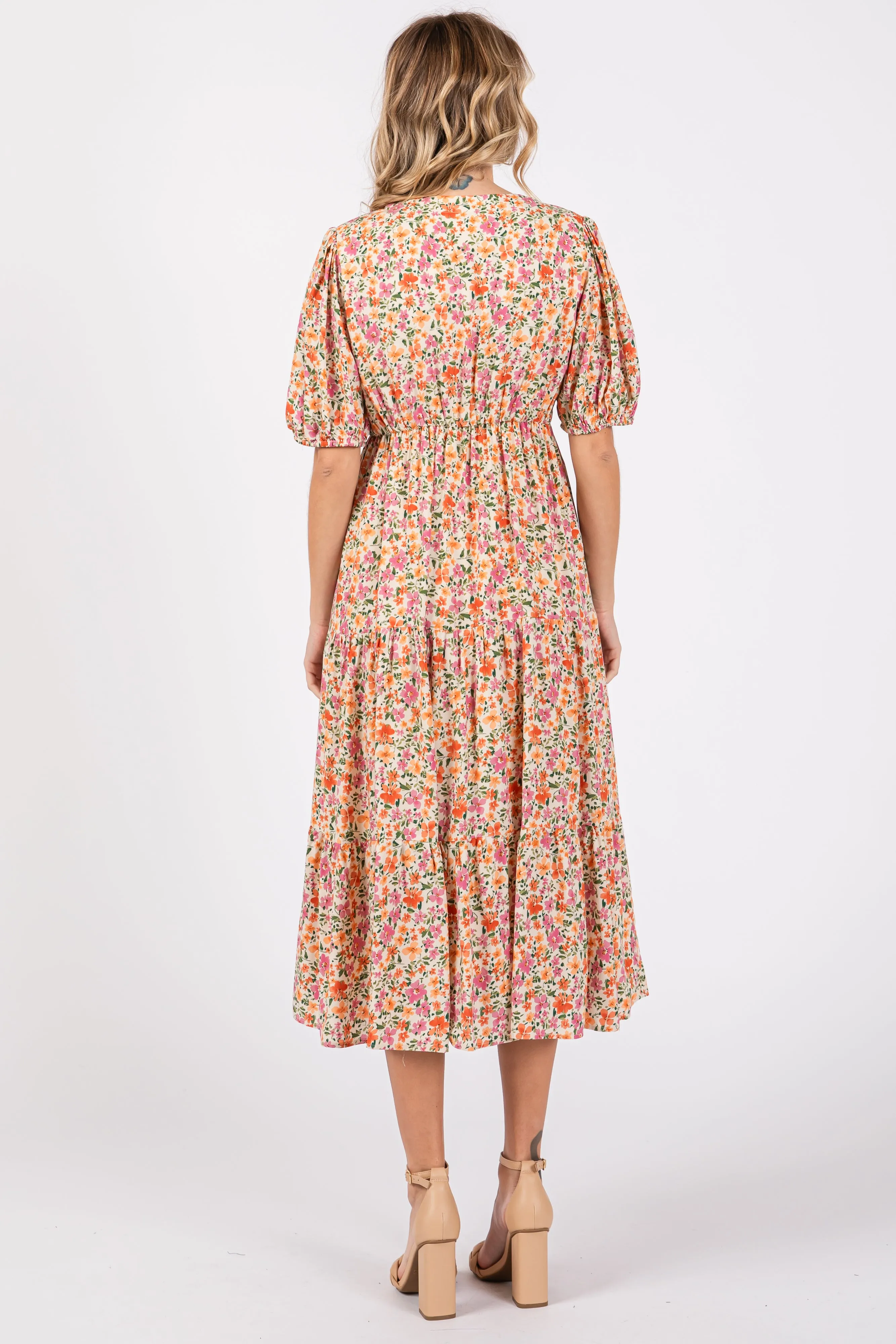 Ivory Floral Button Front Ruffle Hem Midi Dress sold by Pinkblush product image thumbnail 3