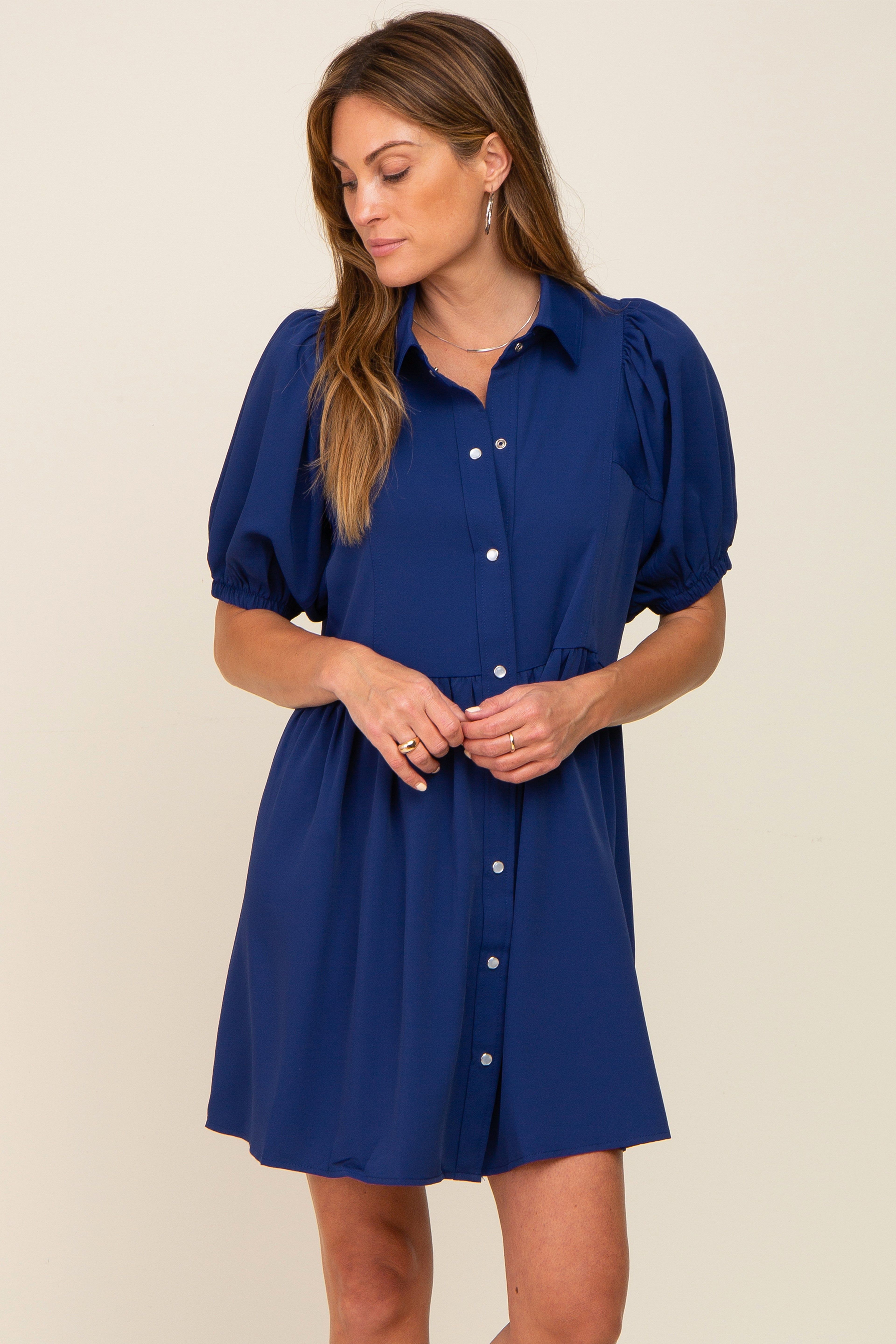 Navy Blue Button Down Mini Dress sold by Pinkblush