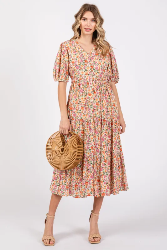 Ivory Floral Button Front Ruffle Hem Midi Dress sold by Pinkblush