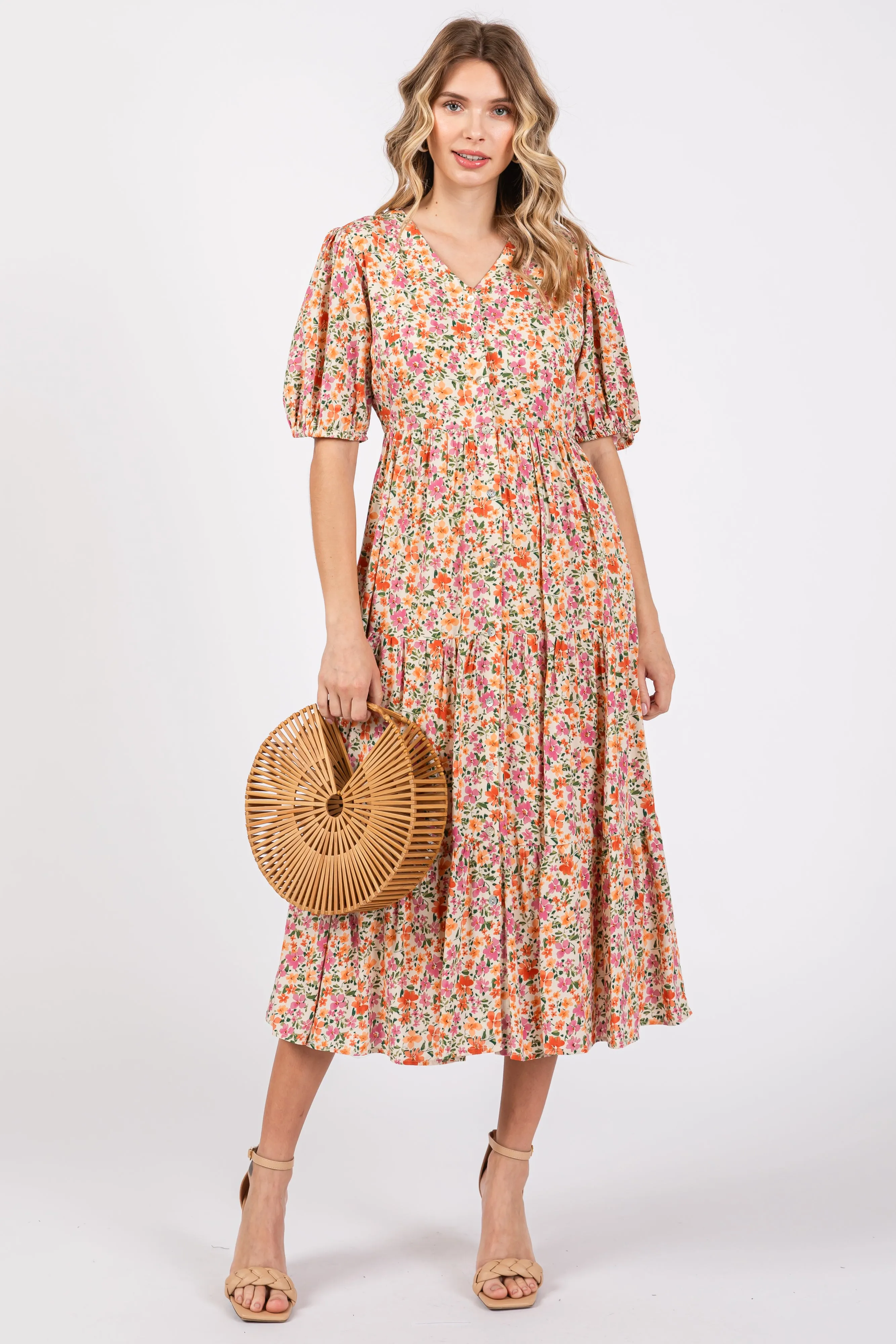 Ivory Floral Button Front Ruffle Hem Midi Dress sold by Pinkblush