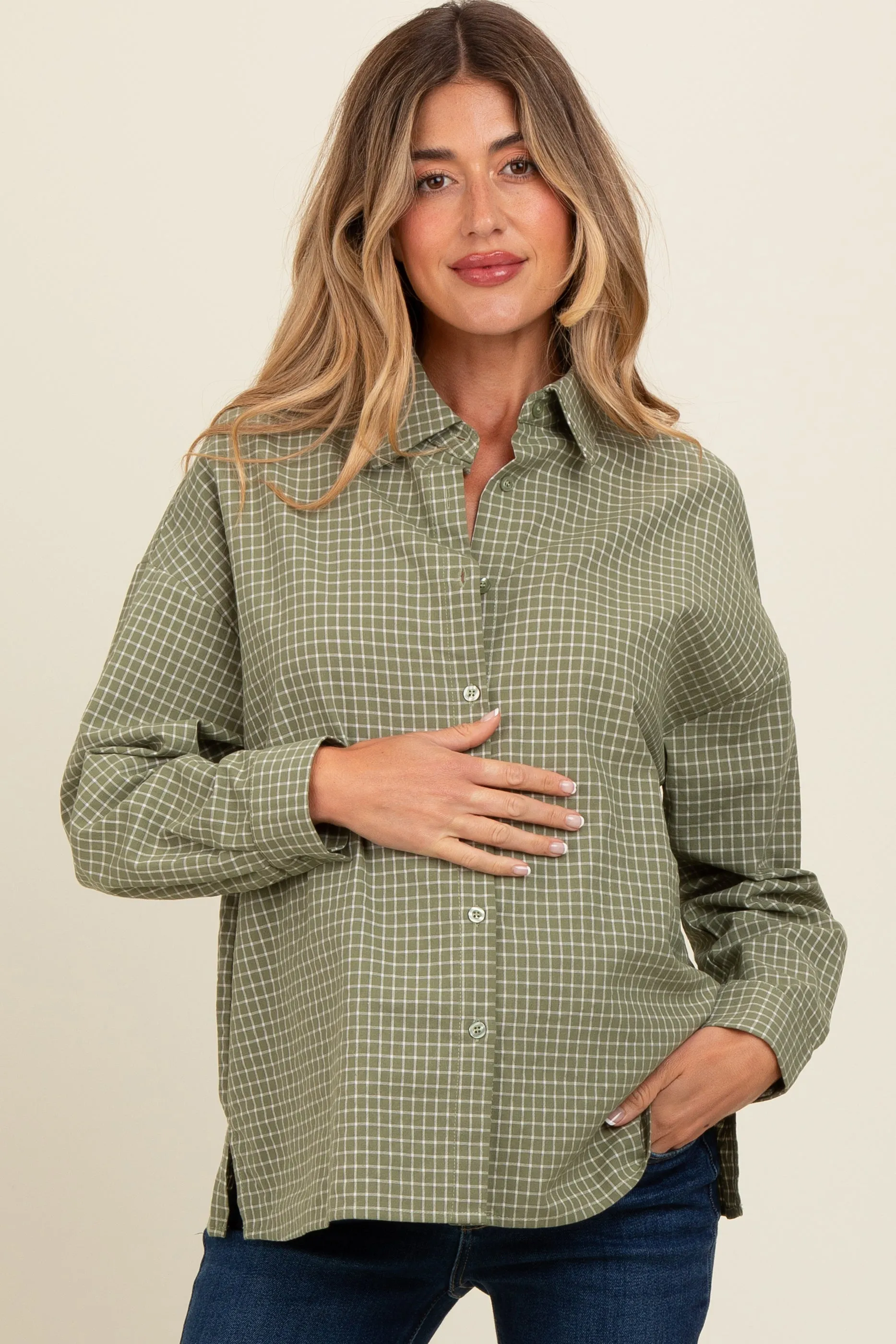 Olive Checker Plaid Button Down Maternity Shirt sold by Pinkblush product image thumbnail 2