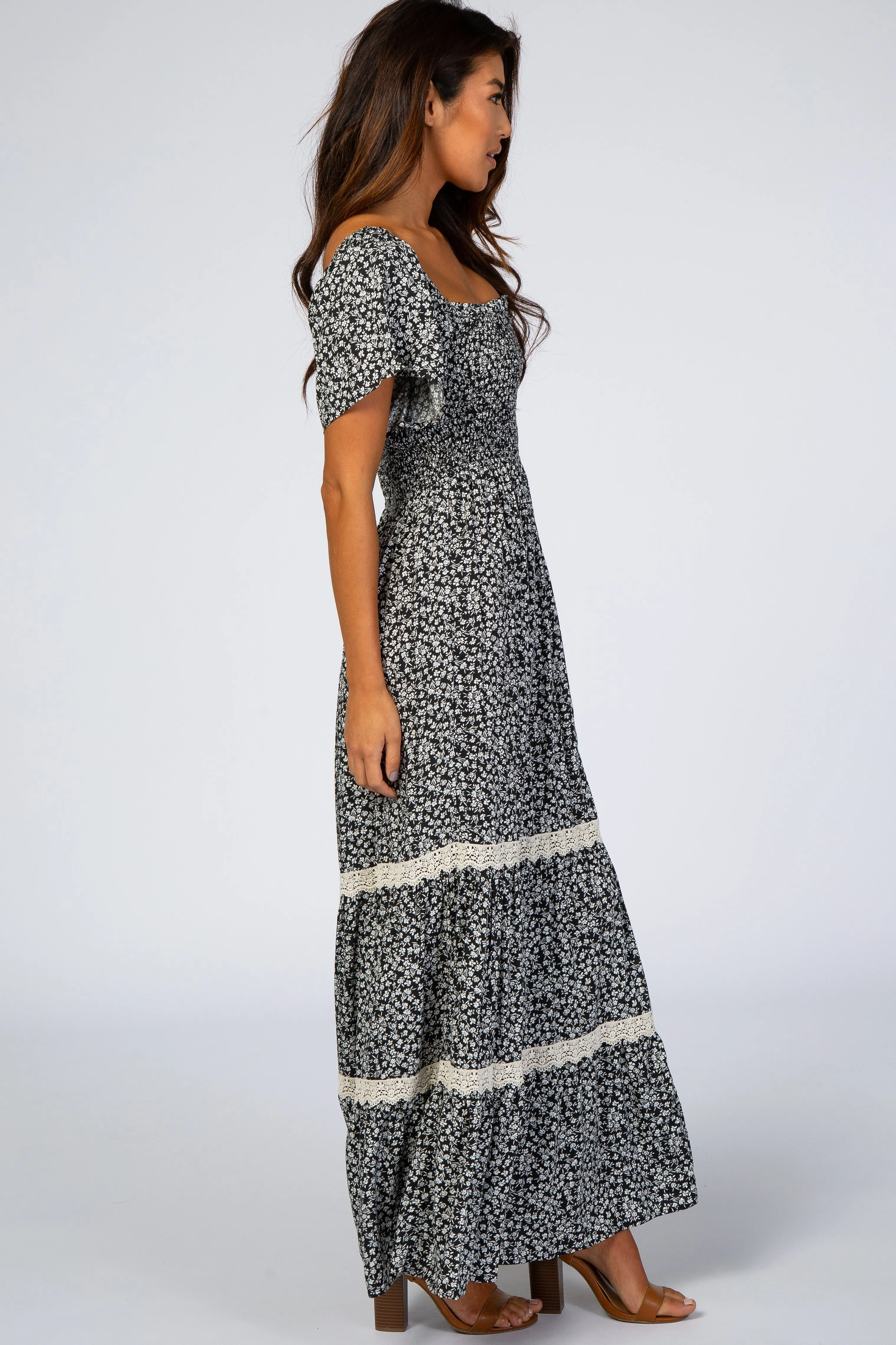 Black Floral Square Neck Smocked Front Lace Trim Maxi Dress sold by Pinkblush product image thumbnail 2