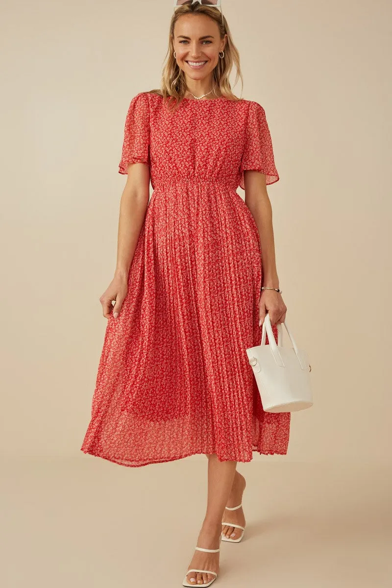 Red Ditsy Floral Pleated Midi Dress sold by Pinkblush