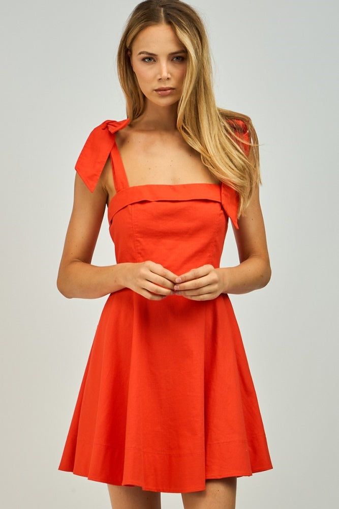 Red Solid Square Neck Wide Tie Strap Mini Dress sold by Pinkblush