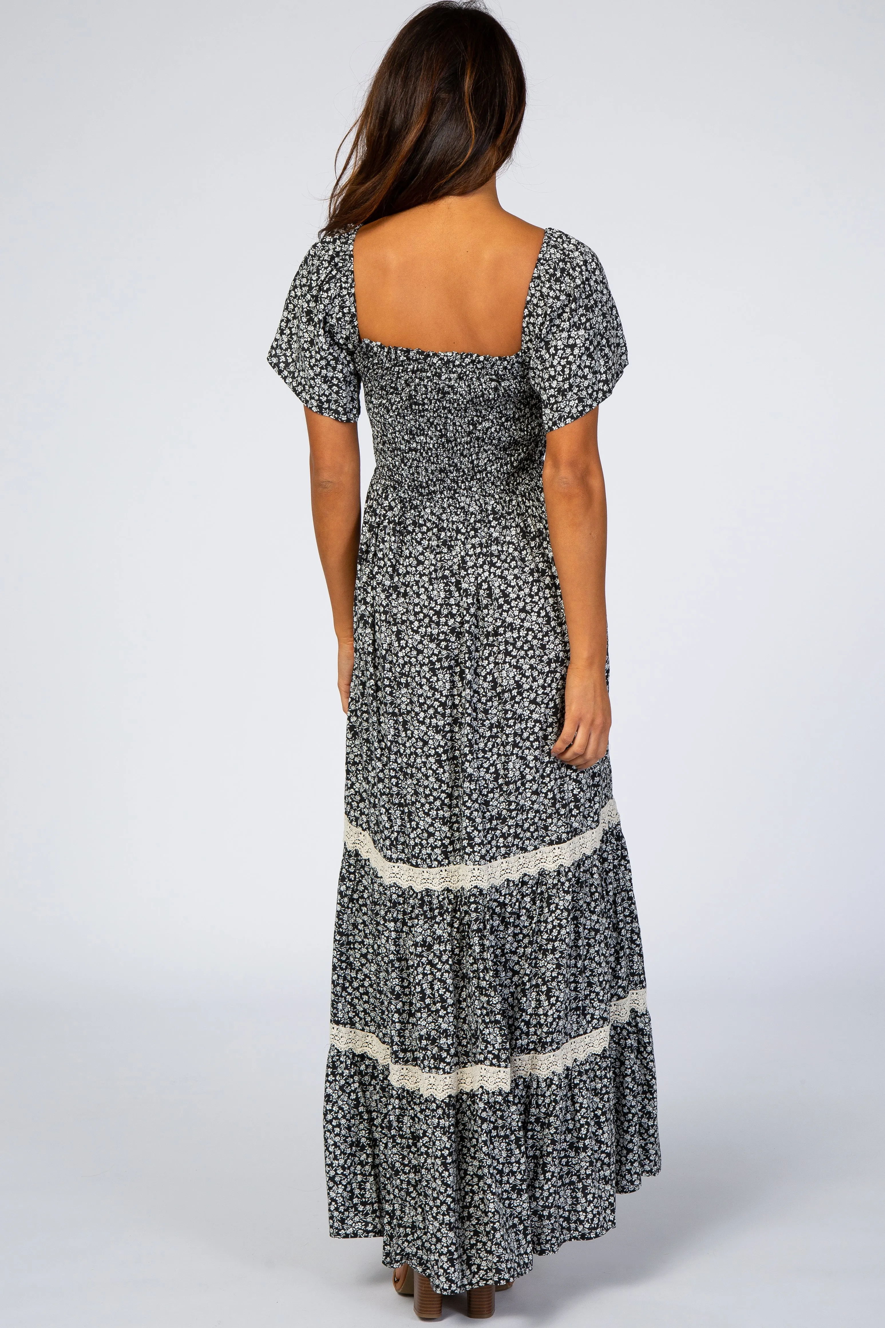 Black Floral Square Neck Smocked Front Lace Trim Maxi Dress sold by Pinkblush product image thumbnail 3