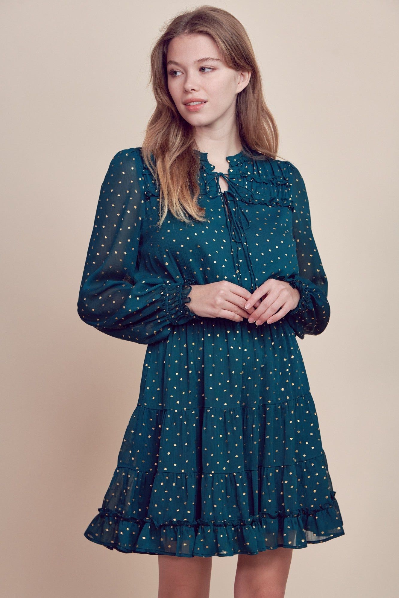 Hunter Green Ruffle Detailed Tiered Mini Dress sold by Pinkblush