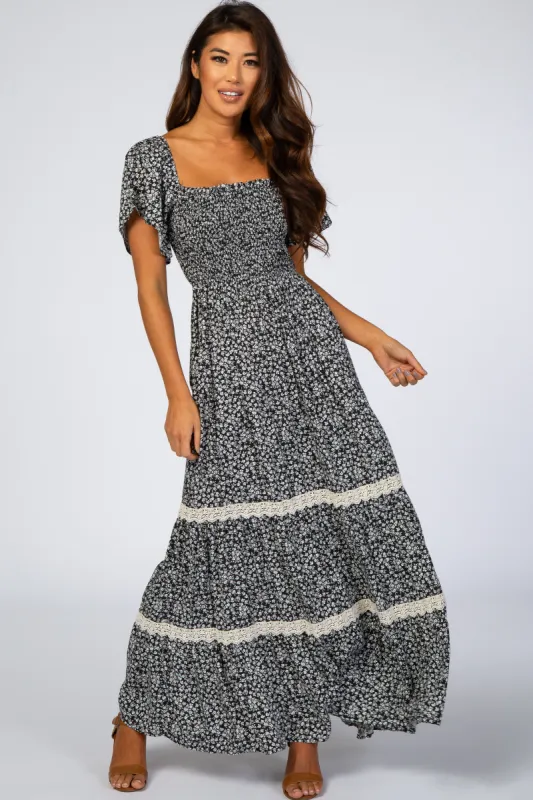 Black Floral Square Neck Smocked Front Lace Trim Maxi Dress sold by Pinkblush