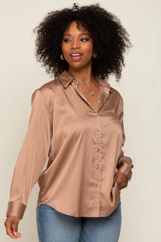 Camel Metallic Stripe Satin Long Sleeve Blouse sold by Pinkblush