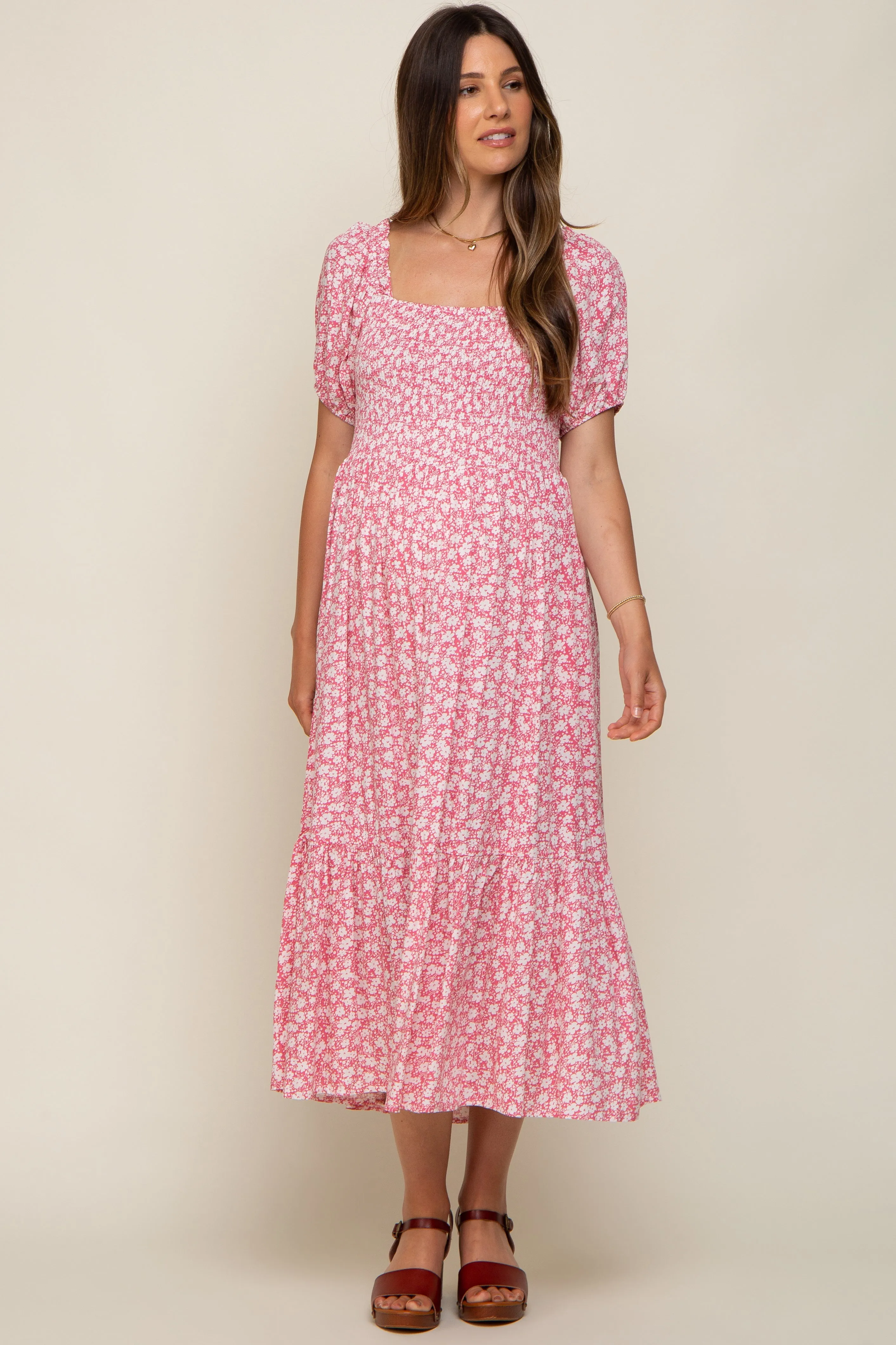 Pink Floral Smocked Short Sleeve Maternity Midi Dress sold by Pinkblush product image thumbnail 5