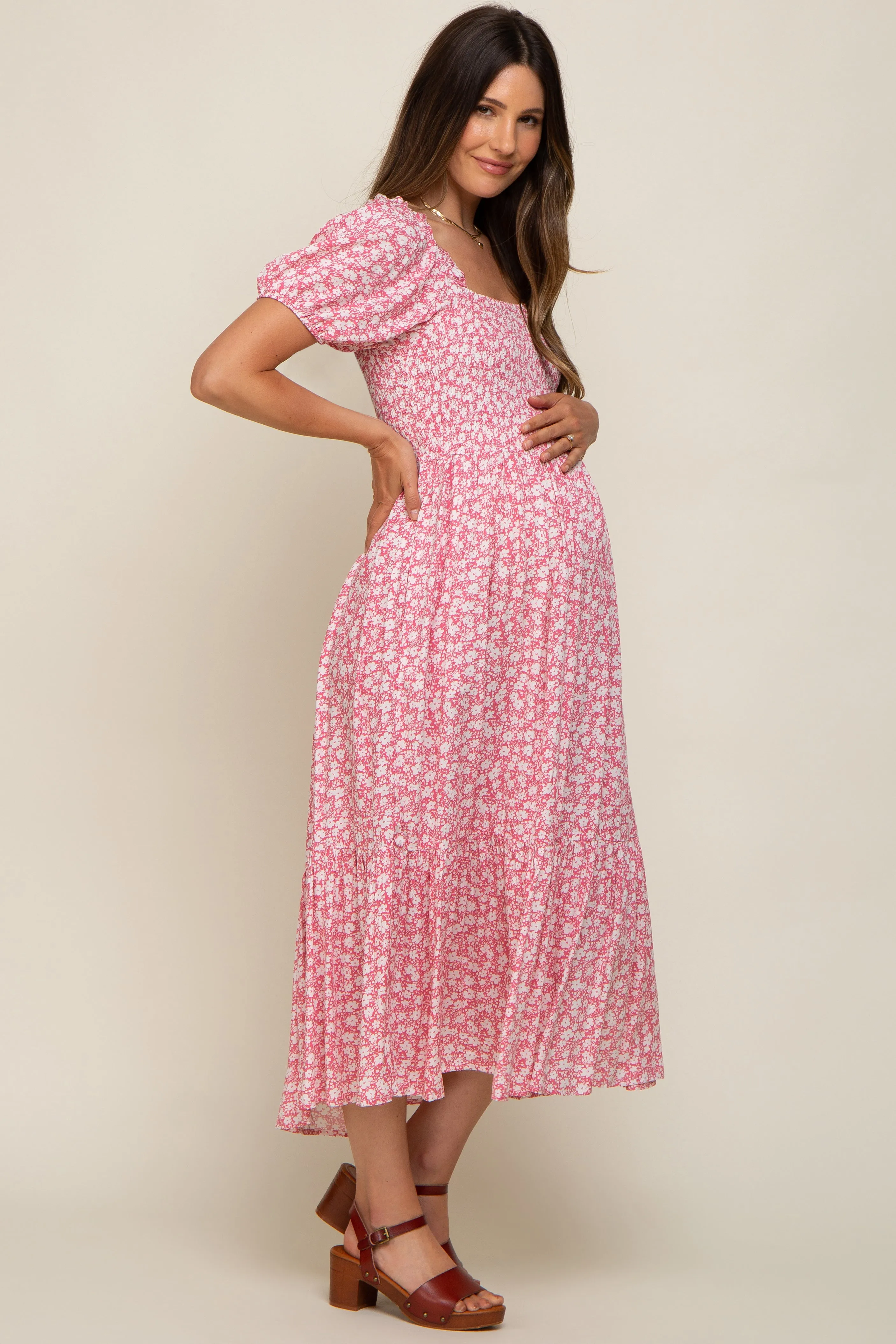 Pink Floral Smocked Short Sleeve Maternity Midi Dress sold by Pinkblush product image thumbnail 2